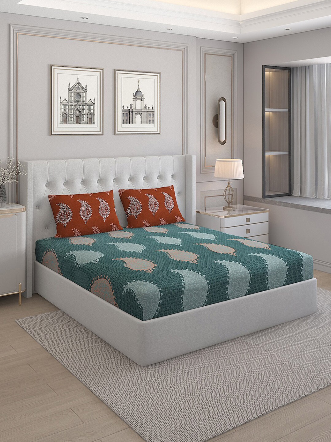 

Monte Carlo Persia Teal Printed Pure Cotton 144 TC Queen Bedsheet With 2 Pillow Covers