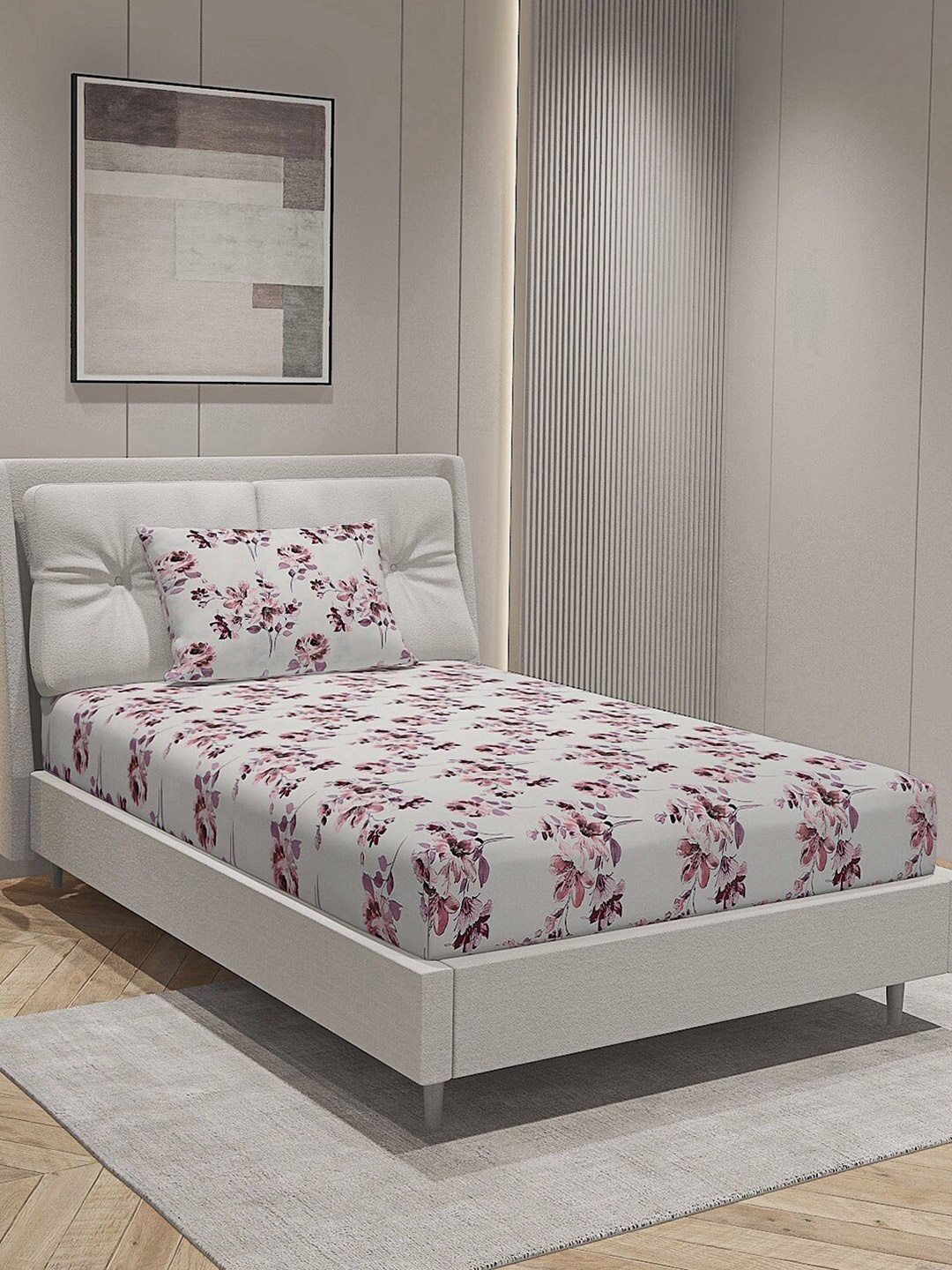 

Monte Carlo Cairo Off White Floral Printed Pure Cotton 144 TC Single Bedsheet Set