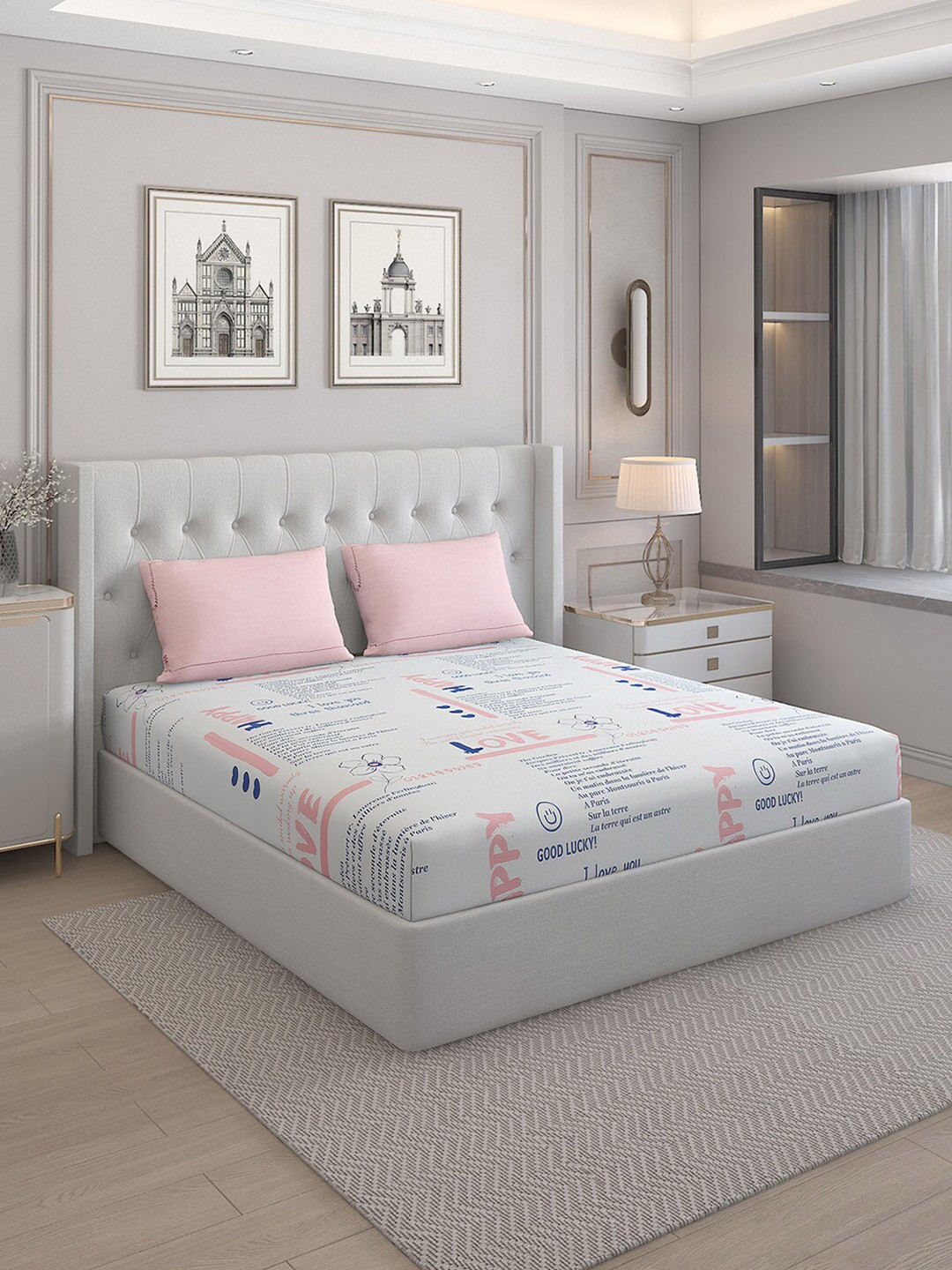 

Monte Carlo Ramona White & Pink Printed Cotton 200 TC Queen Bedsheet With 2 Pillow Covers