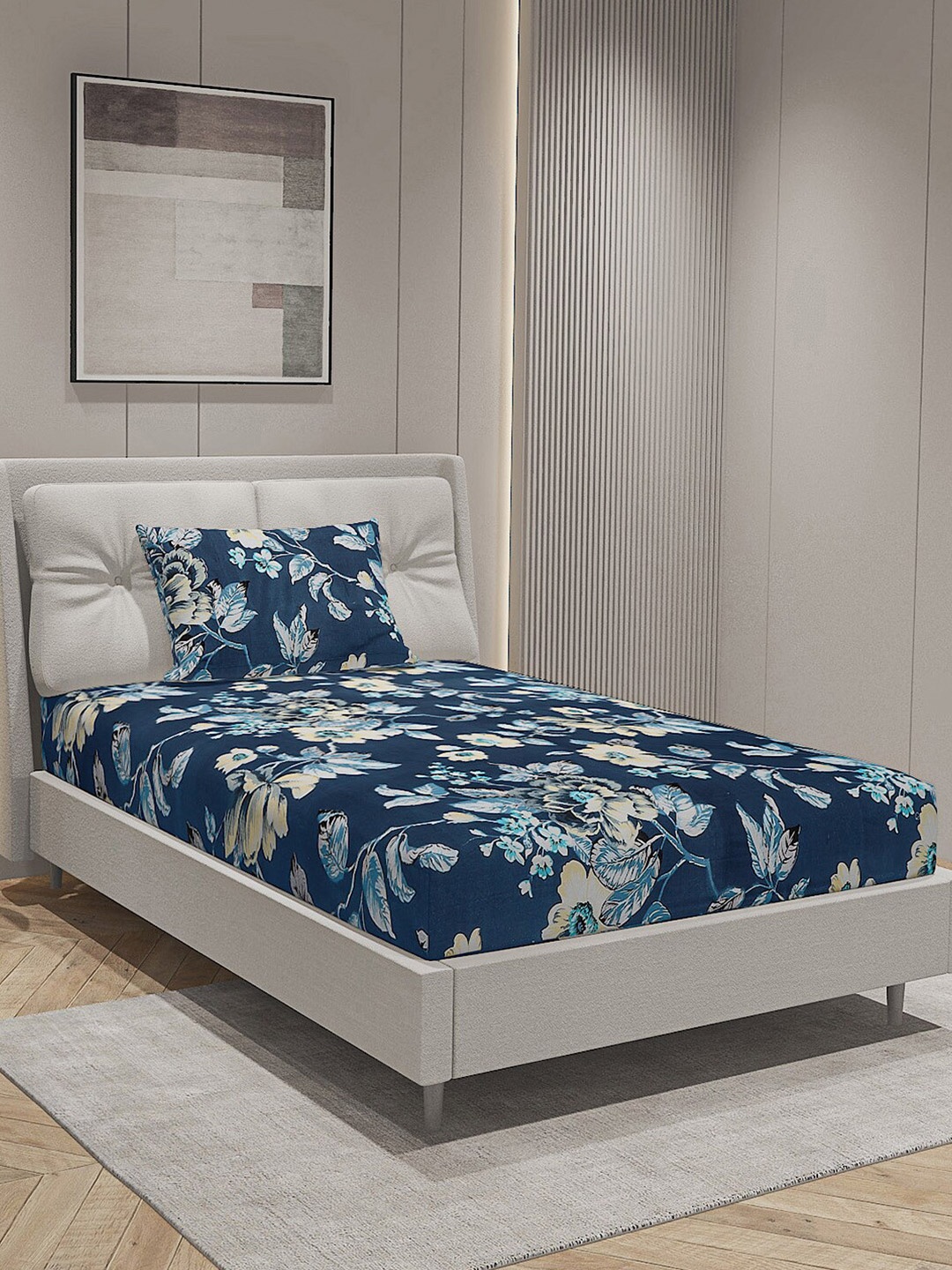 

Monte Carlo Navy Blue Floral Pure Cotton 144 TC Single Bedsheet with 1 Pillow Cover