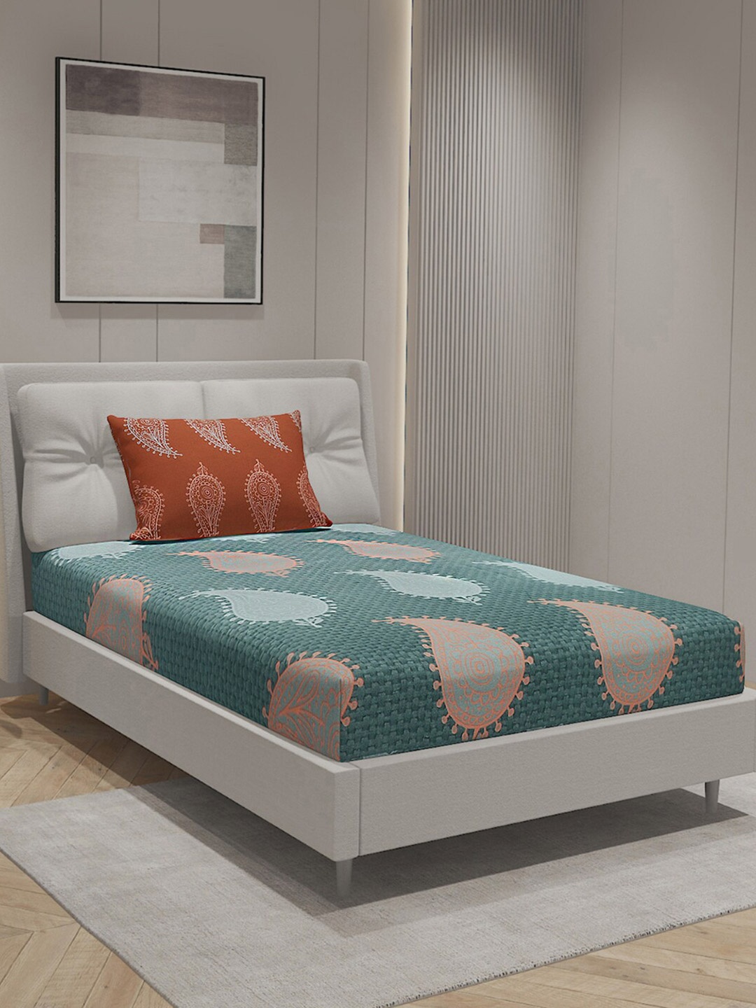 

Monte Carlo Teal Green Ethnic Motifs Pure Cotton 144 TC Single Bedsheet & 1 Pillow Cover