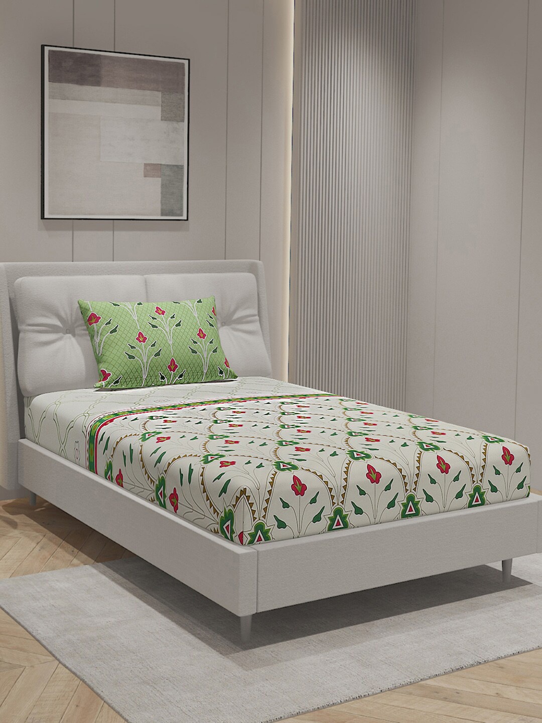 

Monte Carlo Off White & Green Printed Pure Cotton 144 TC Single Bedsheet & 1 Pillow Cover