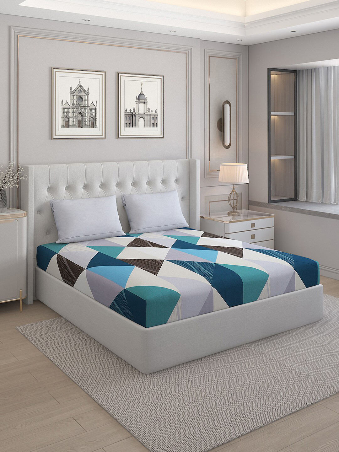 

Monte Carlo Ramona White & Blue Geometric Printed Pure Cotton 200 TC Queen Bedsheet Set