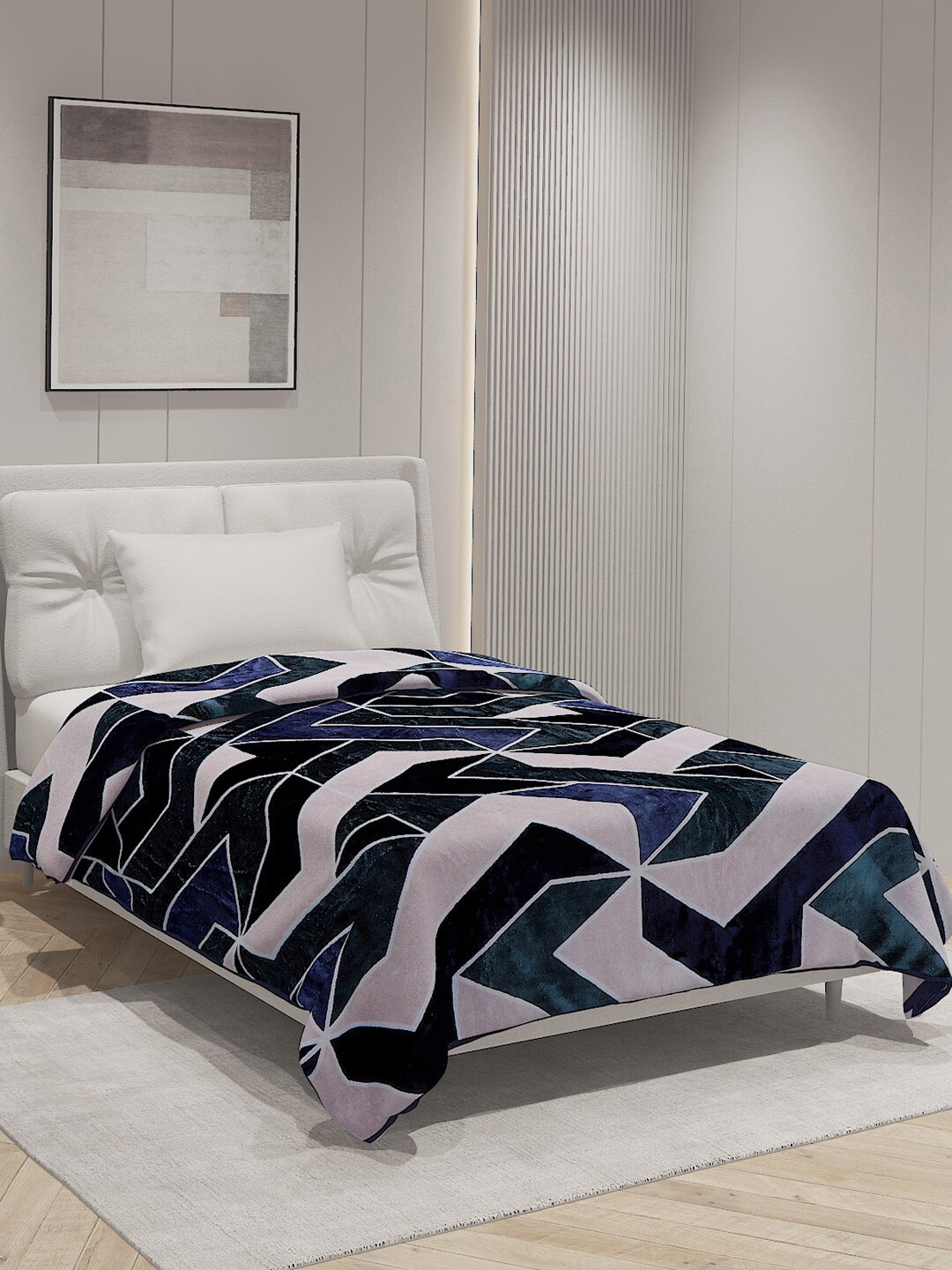 

Monte Carlo Nicole Blue & White Geometric AC Room 233 GSM Single Bed Blanket