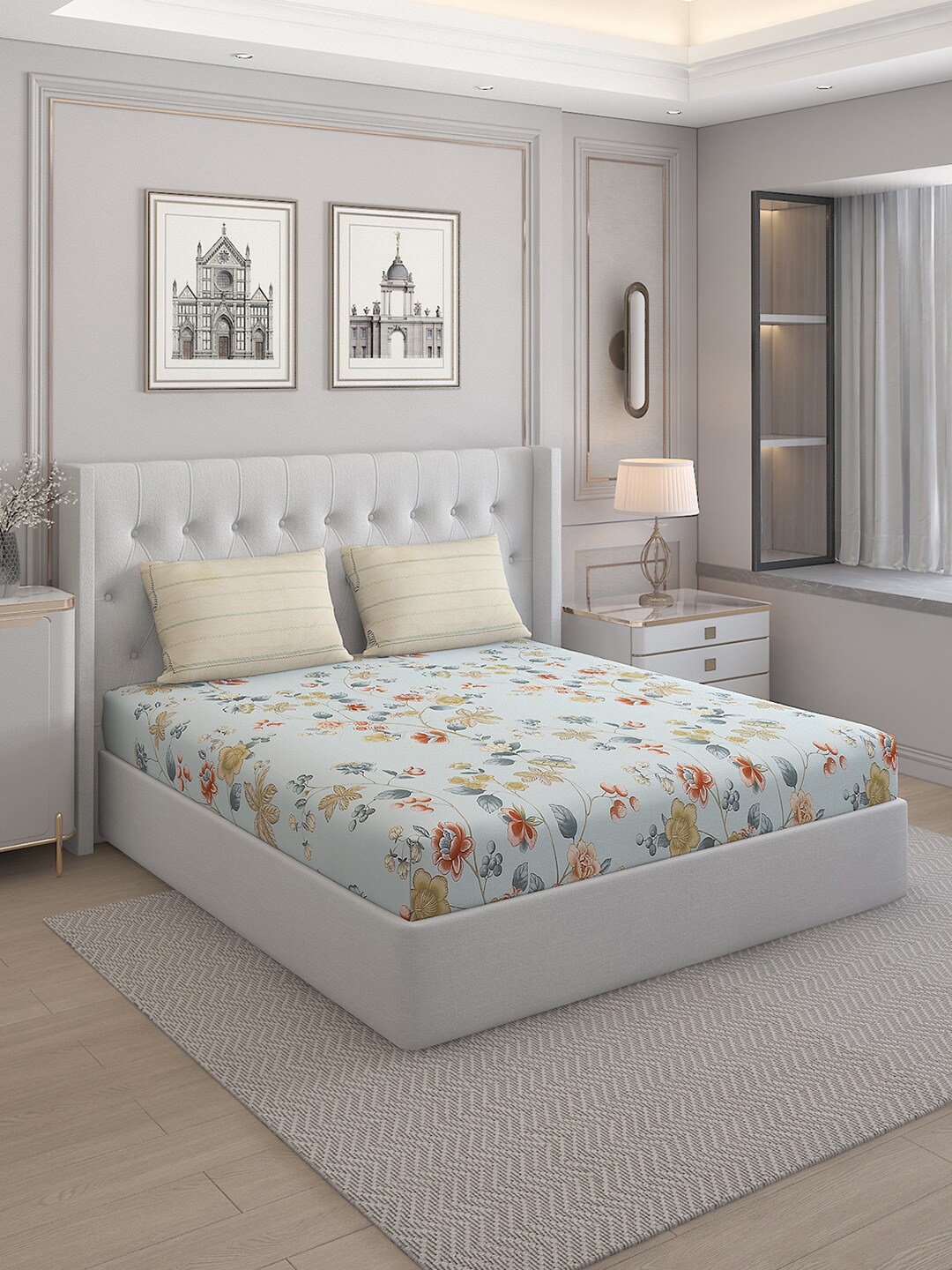 

Monte Carlo Blue & Orange Floral Pure Cotton 200 TC Queen Bedsheet With 2 Pillow Covers