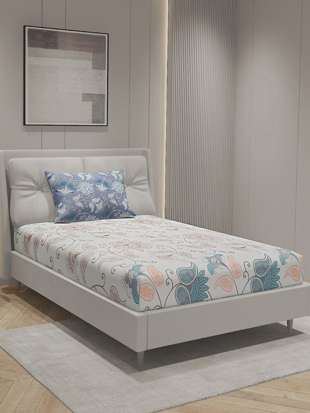 

Monte Carlo Off White & Blue Floral Cotton 144 TC Single Bedsheet With 1 Pillow Cover