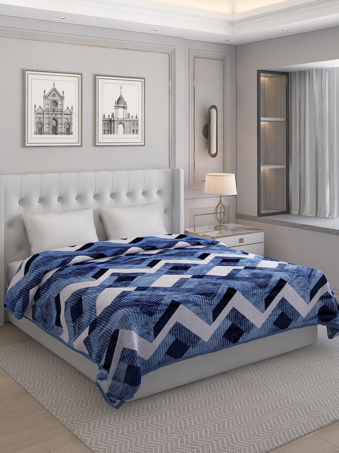 

Monte Carlo Opera Blue & White Geometric AC Room 300 GSM Double Bed Blanket