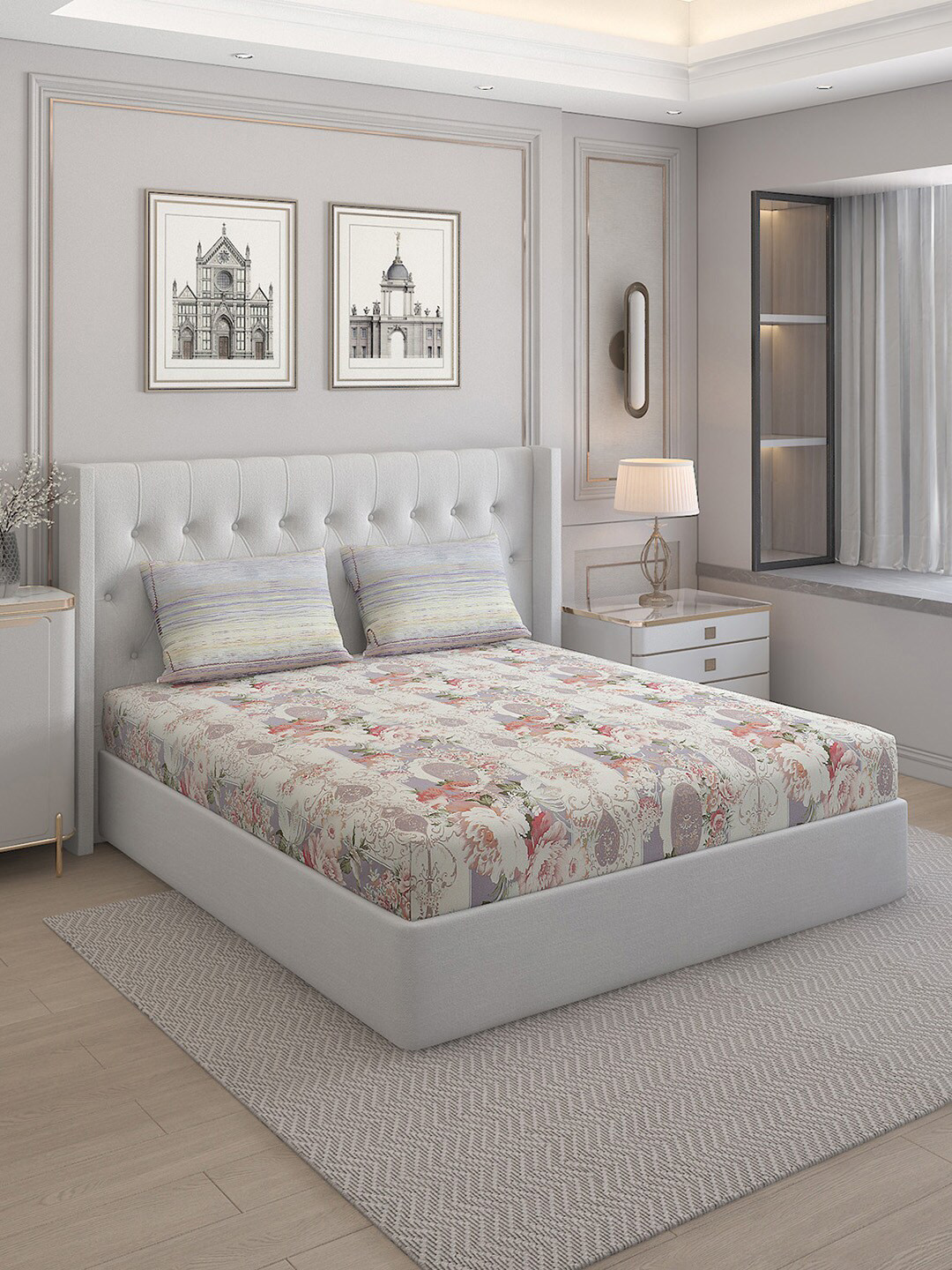 

Monte Carlo White & Green Floral Cotton 200 TC Queen Bedsheet With 2 Pillow Covers