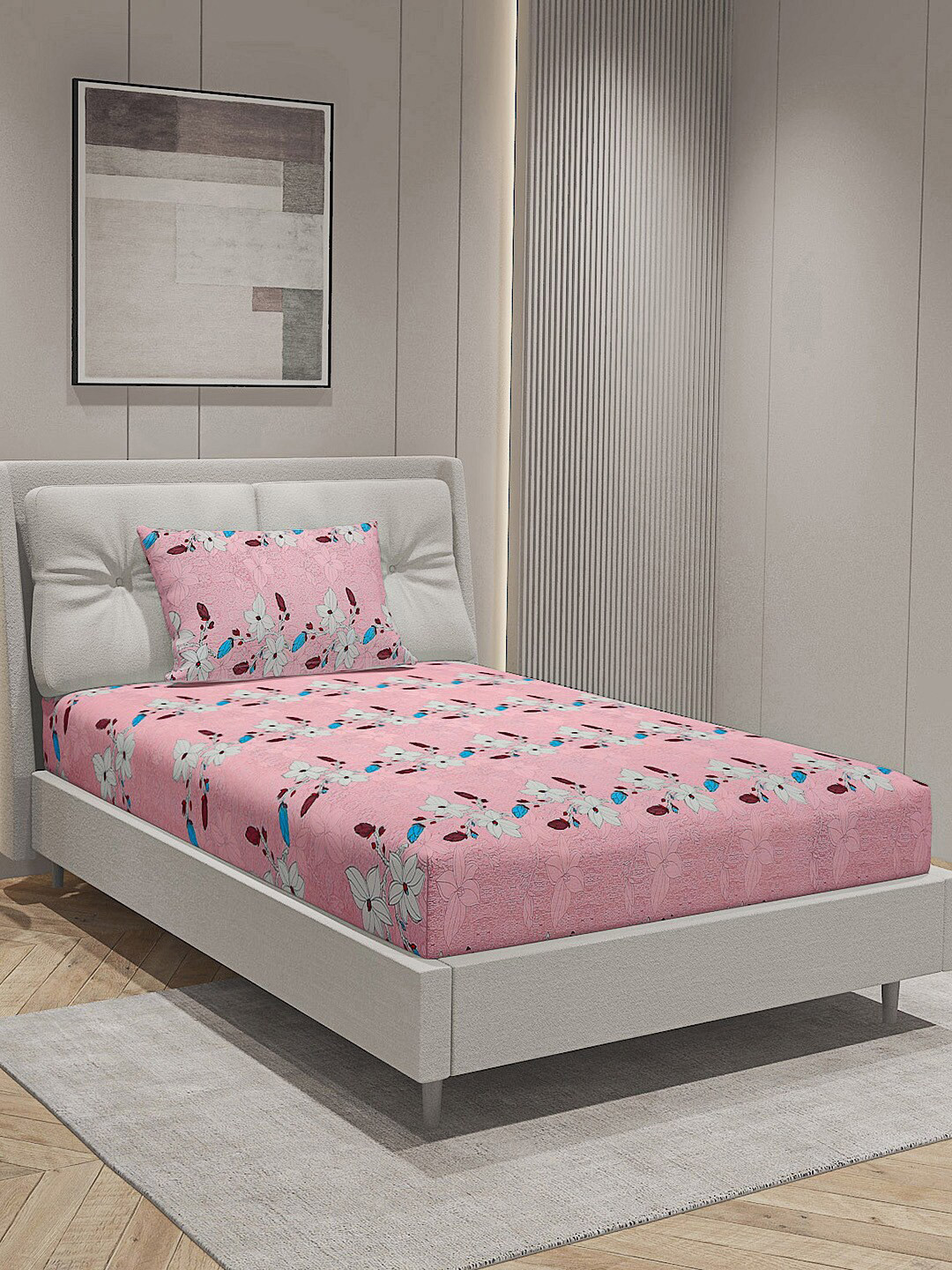 

Monte Carlo Pink & White Floral Cotton 144 TC Single Bedsheet With 1 Pillow Cover