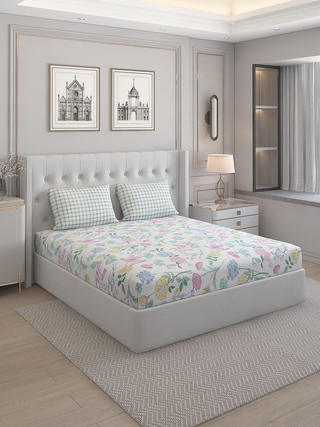 

Monte Carlo White & Pink Floral Pure Cotton 200 TC Queen Bedsheet with 2 Pillow Covers