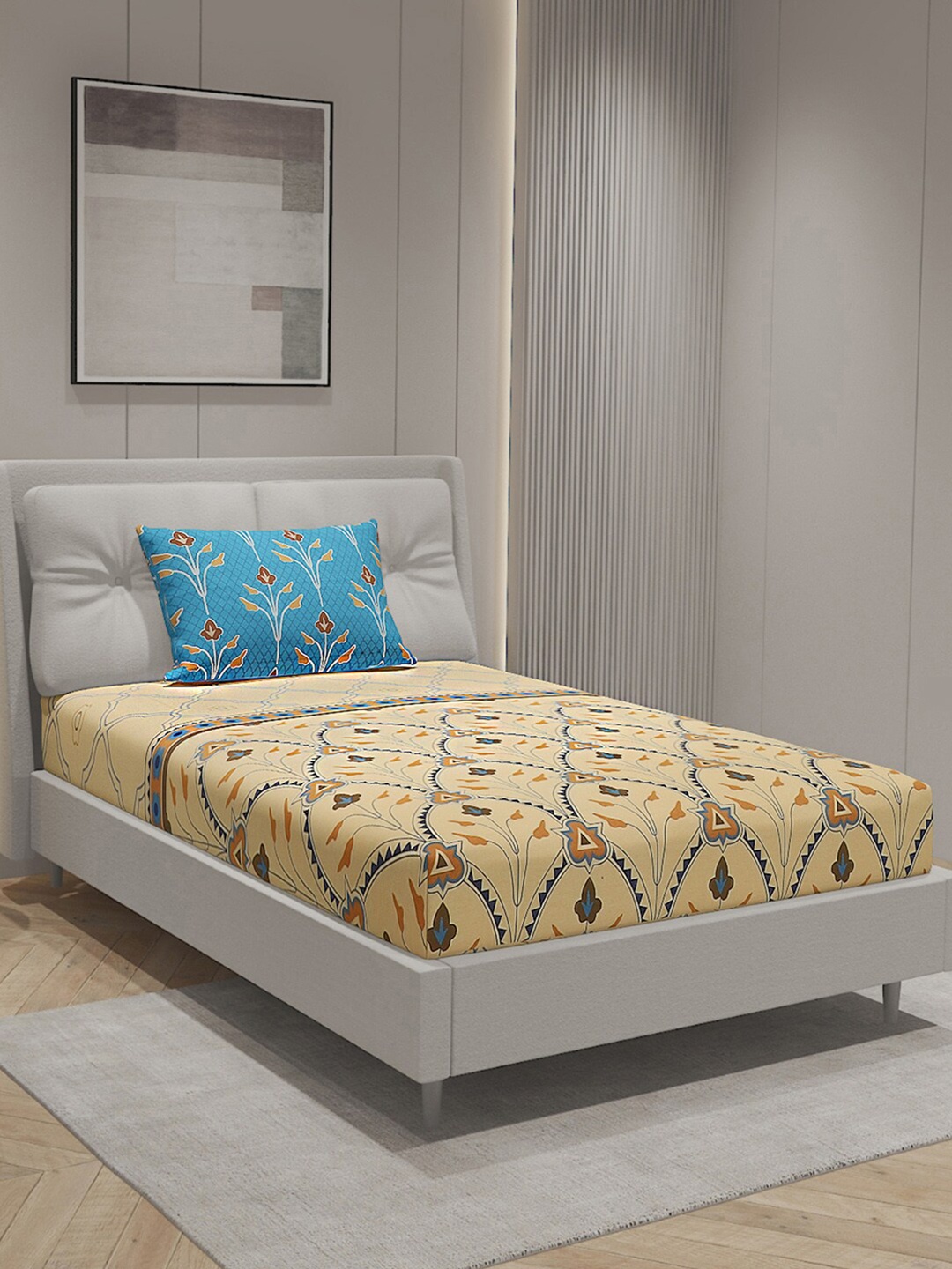 

Monte Carlo Beige & Blue Ethnic Motifs Cotton 144 TC Single Bedsheet with 1 Pillow Cover