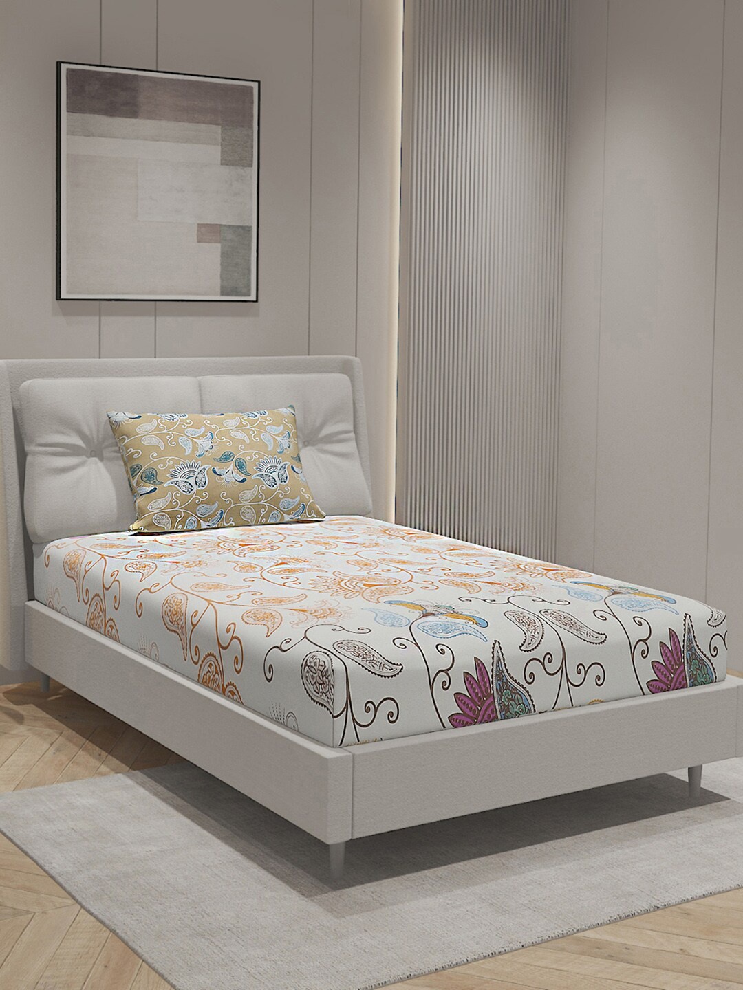 

Monte Carlo White & Orange Floral Cotton 144 TC Single Bedsheet With 1 Pillow Cover