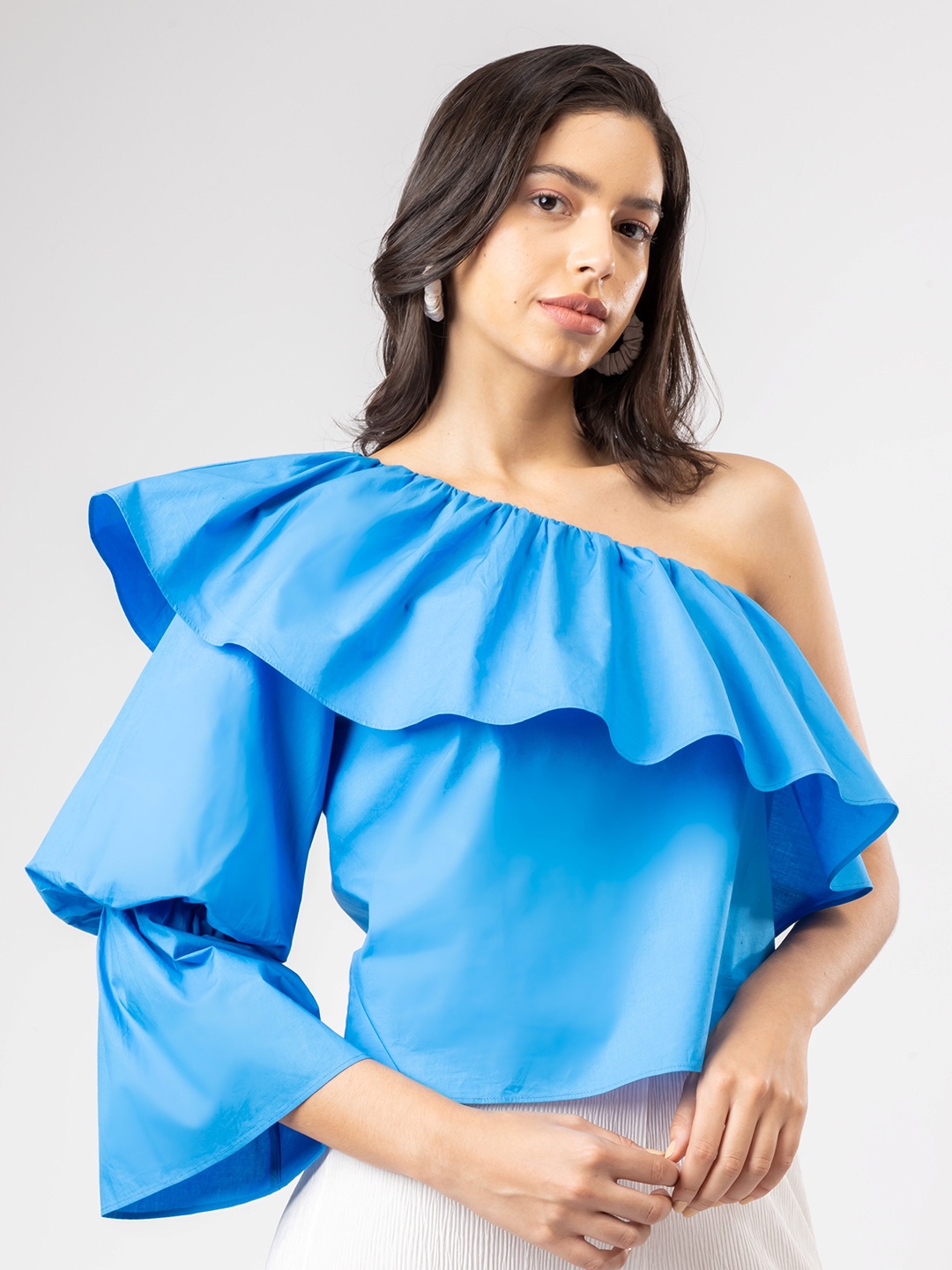 

H&M One Shoulder Frill Top, Blue