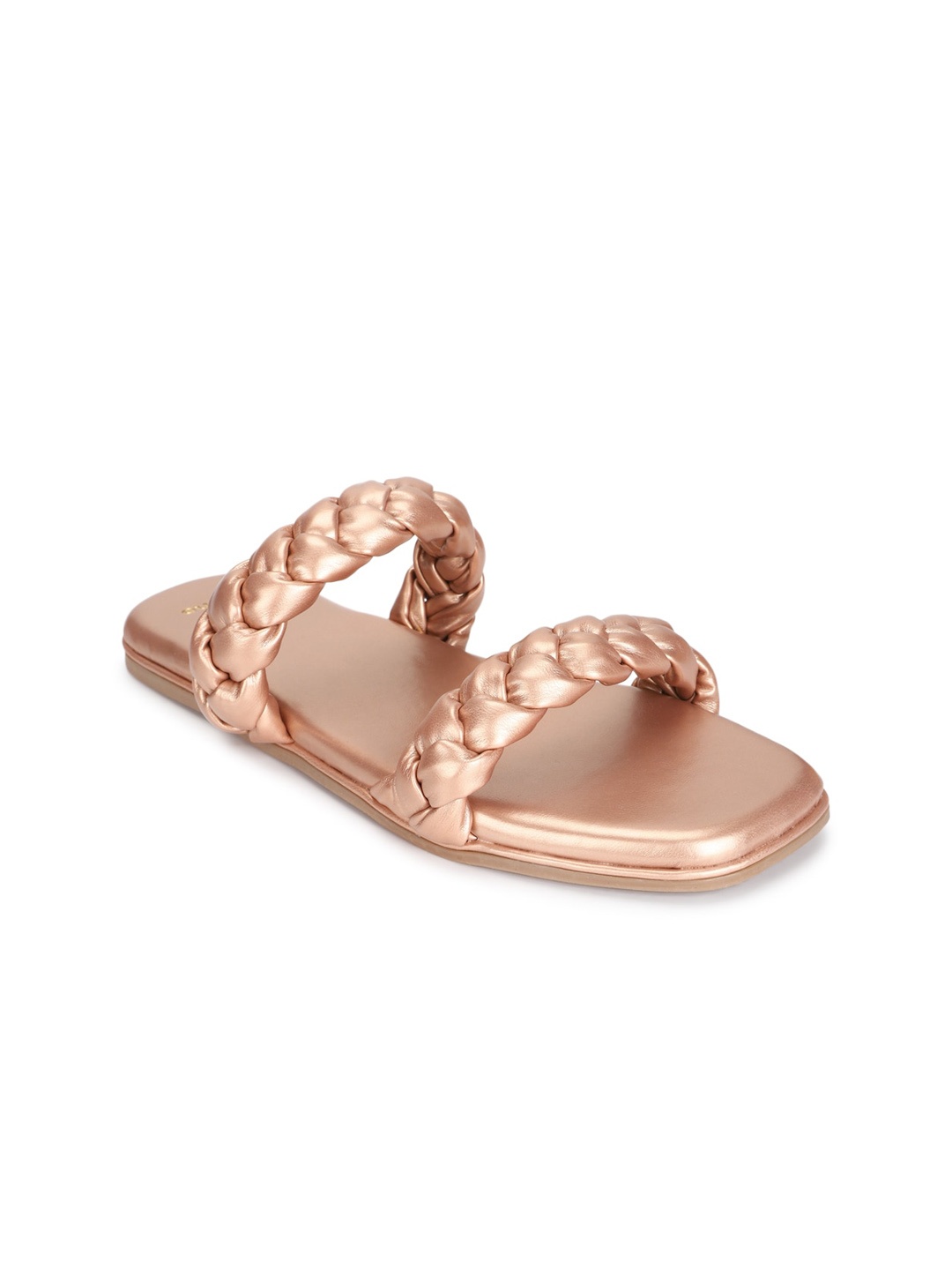 

yoho Braided Straps Open Toe Flats, Rose gold