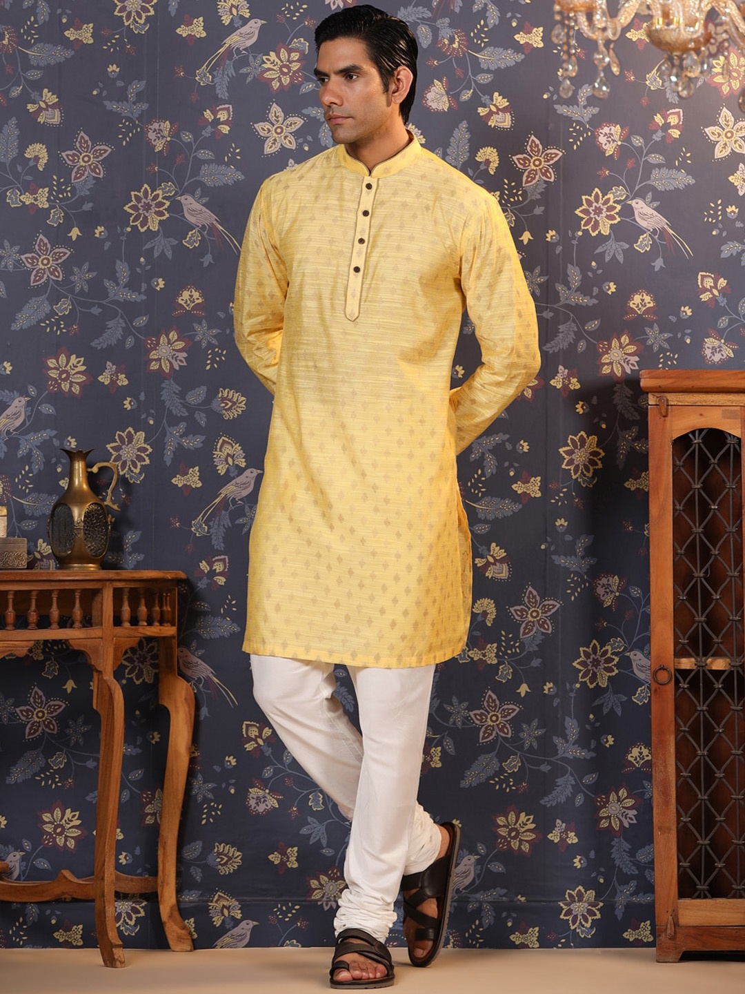 

House of Pataudi Floral Woven Design Straight Jacquard Kurta, Yellow