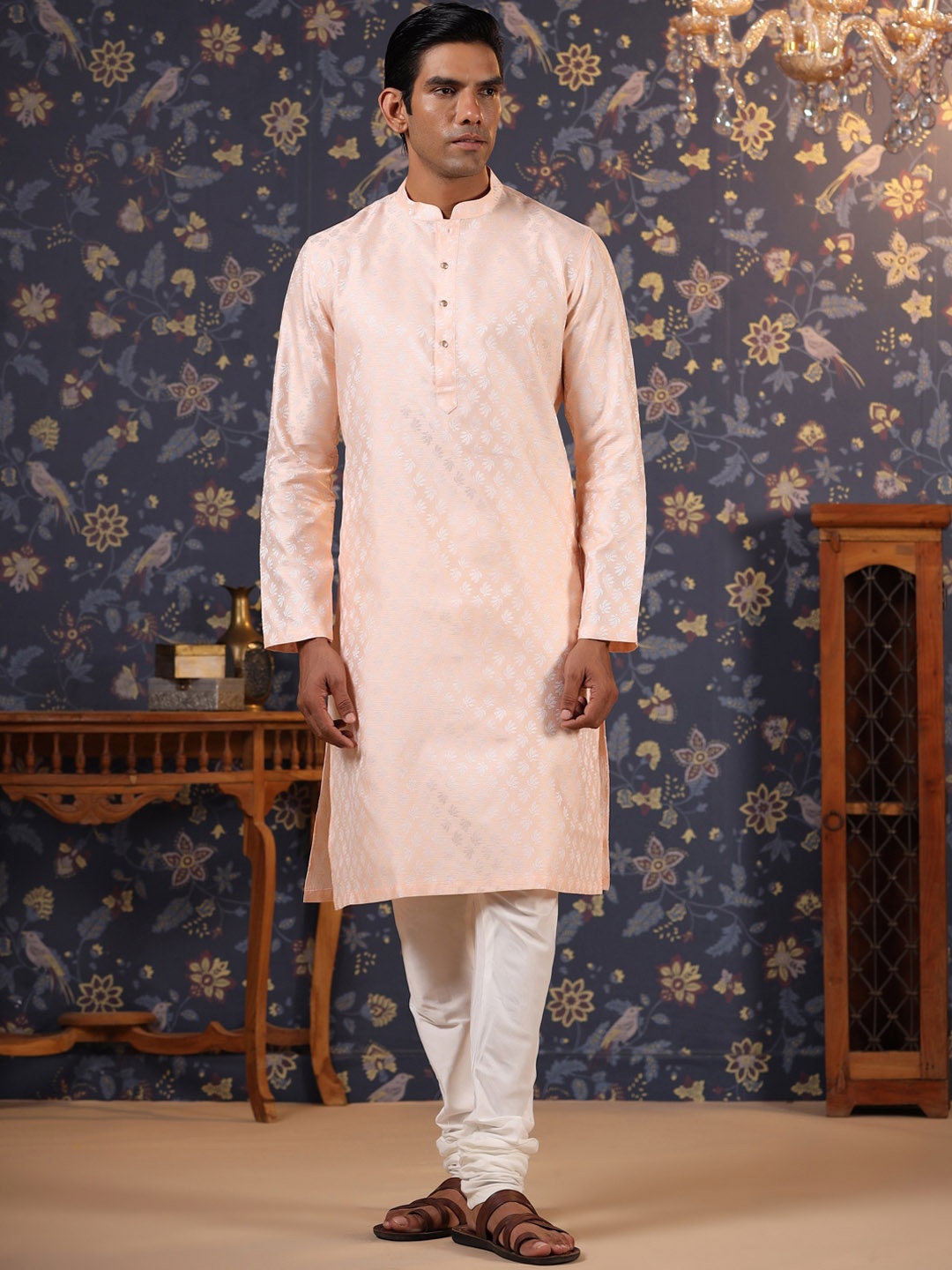 

House of Pataudi Ethnic Motif Woven Design Straight Jacquard Kurta, Peach