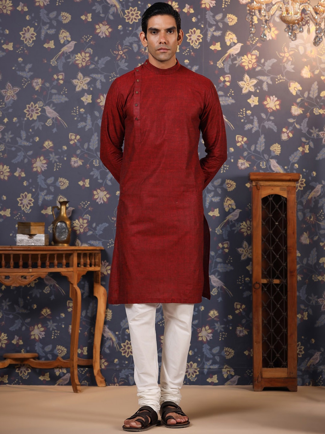 

House of Pataudi Cotton Straight Kurta, Red