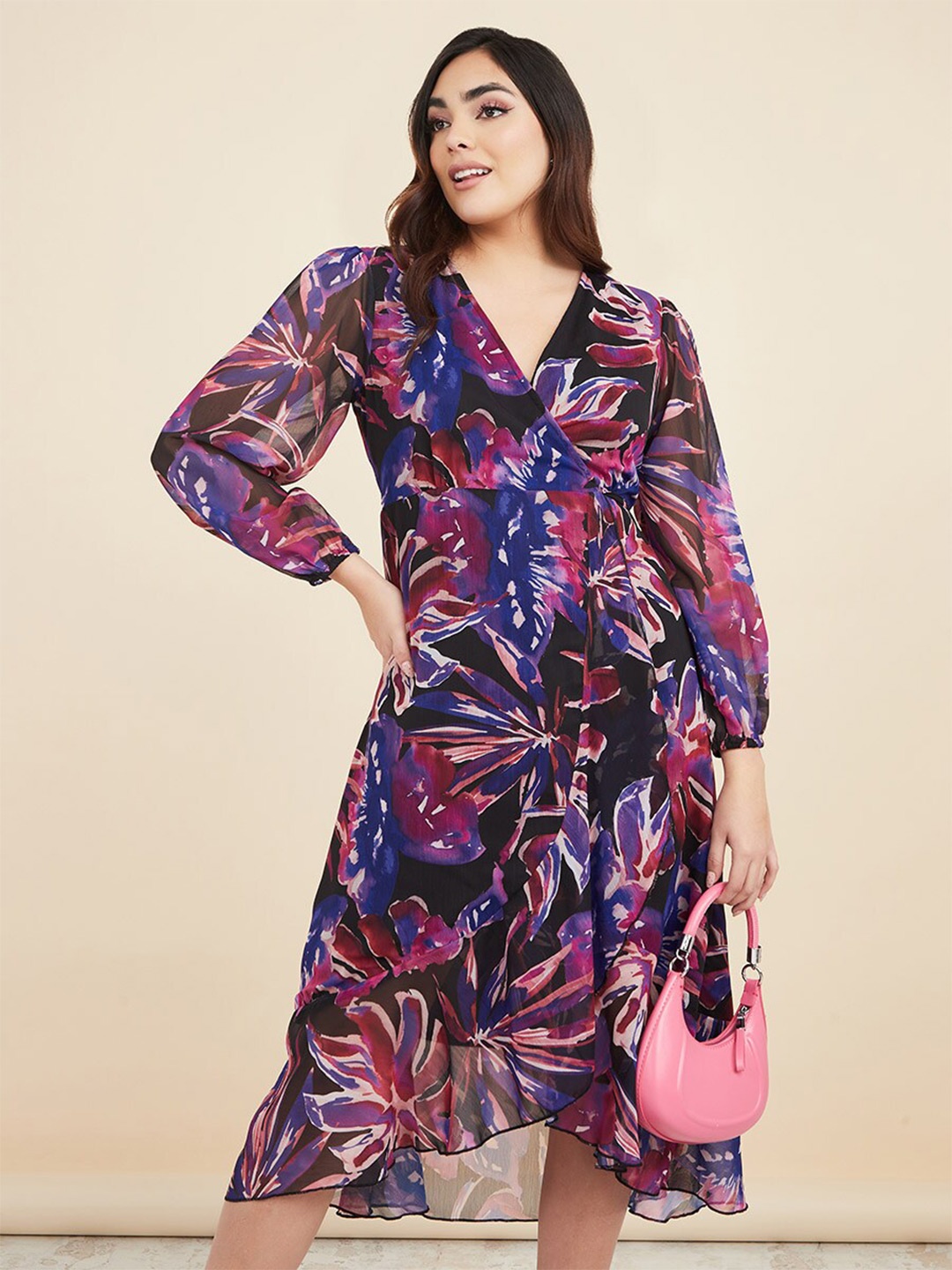 

Styli Floral Printed Puff Sleeve Midi Wrap Dress, Black