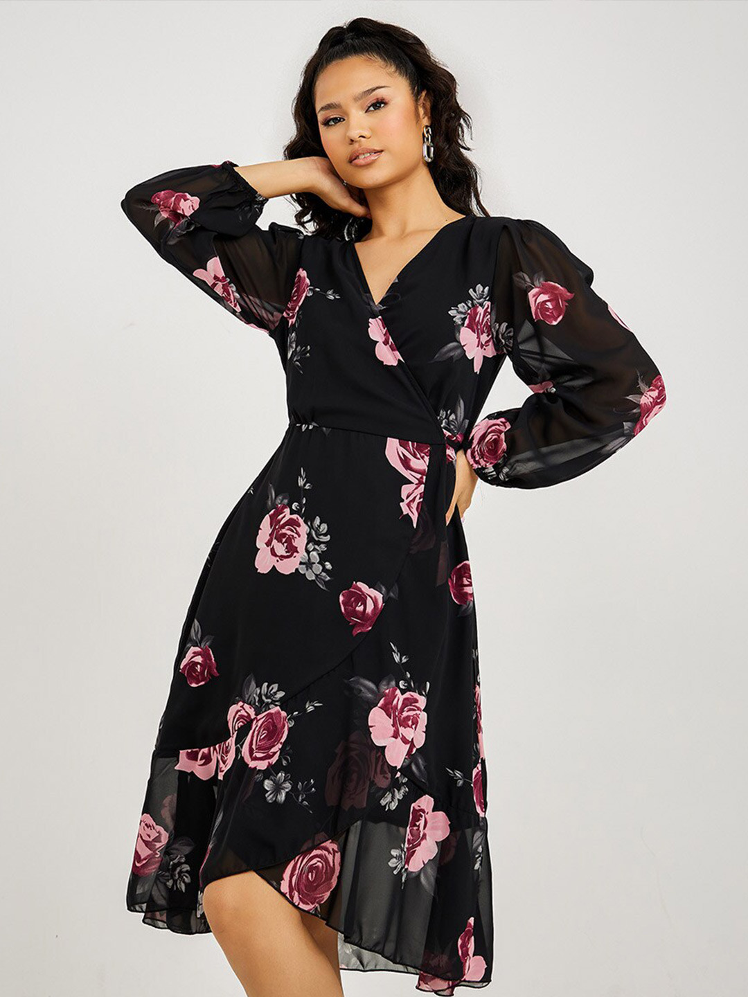

Styli Floral Printed Puff Sleeve Midi Wrap Dress, Black