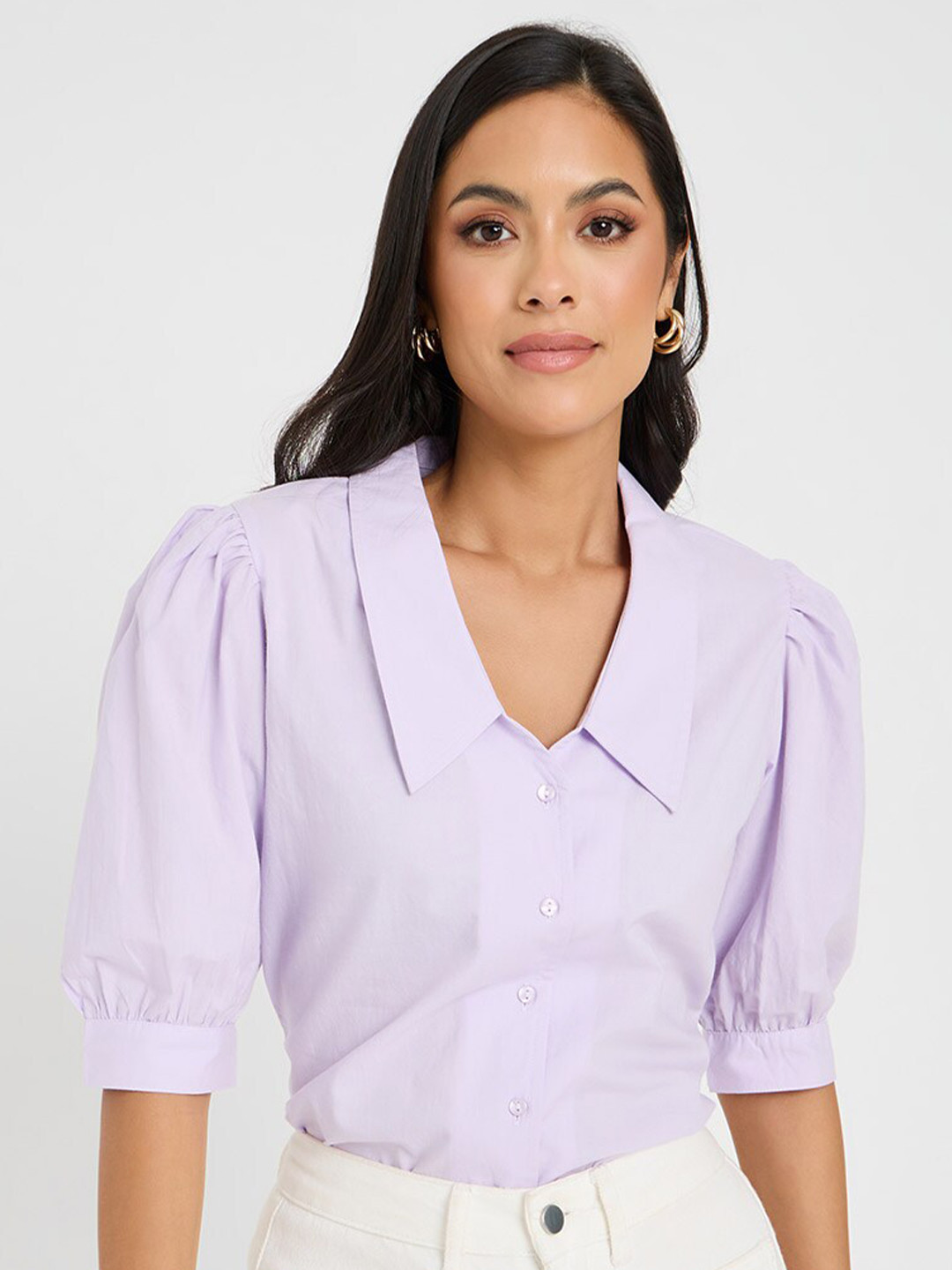 

Styli Tailored Fit Puffed Sleeves Cotton Casual Shirt, Purple