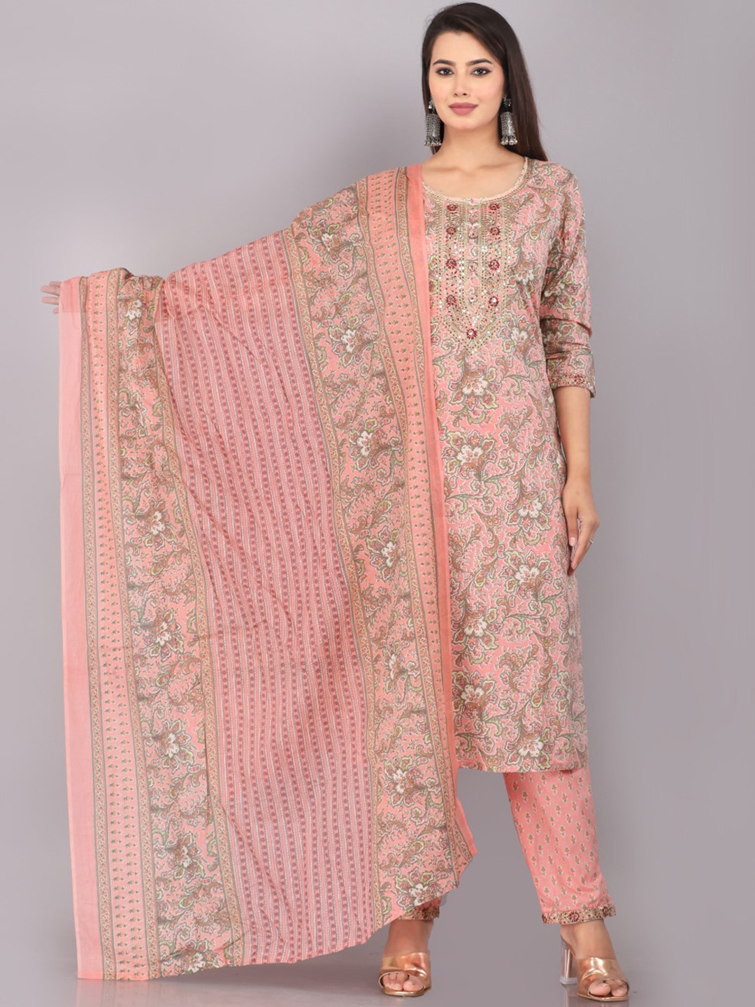 

HIGHLIGHT FASHION EXPORT Floral Printed Straight Kurta With Trousers & Dupatta, Peach