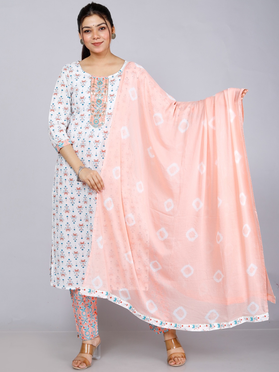 

HIGHLIGHT FASHION EXPORT Floral Sequinned Straight Kurta With Trousers & Dupatta, Peach