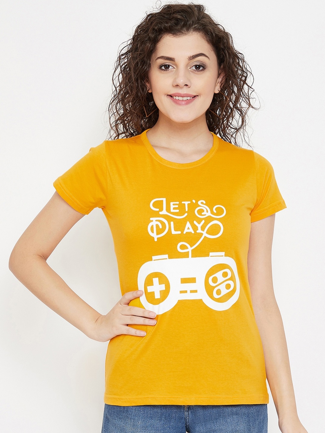 

Purple Feather Typography Printed Slim Fit Cotton T-shirt, Yellow