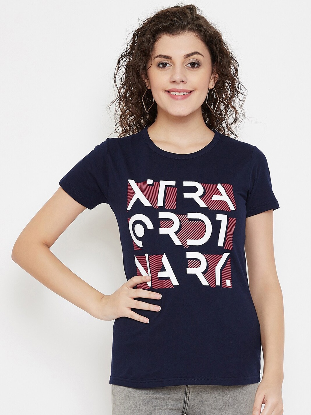 

Purple Feather Typography Printed Slim Fit Cotton T-shirt, Navy blue