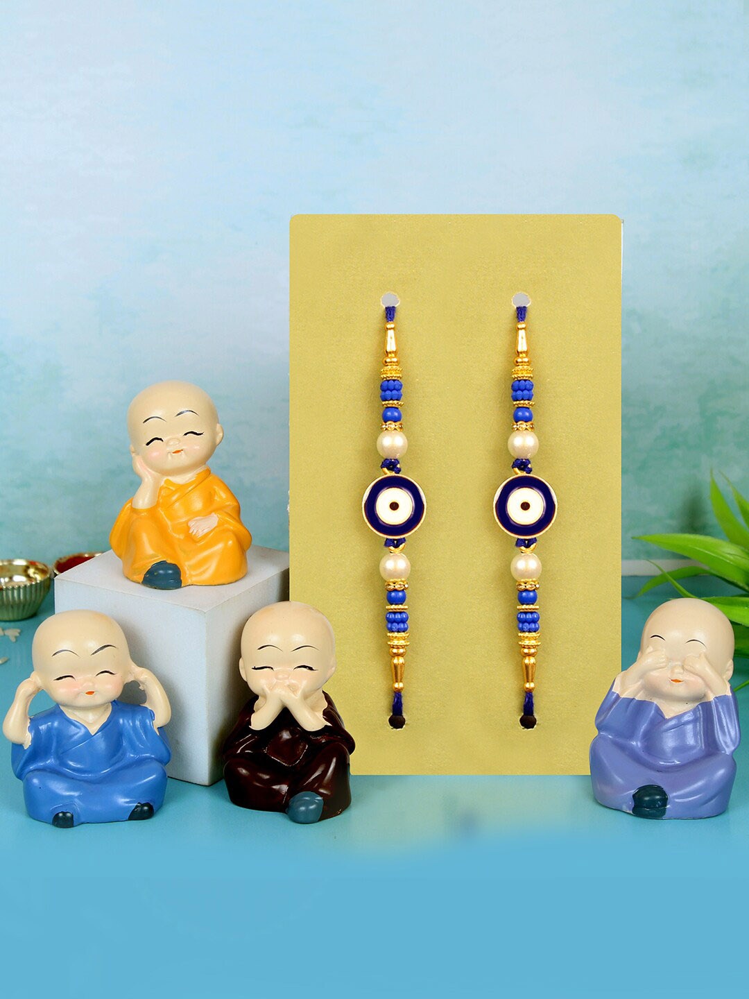 

TIED RIBBONS Unisex Set Of 6 Family Rakhi with Statue Gift Set, Beige