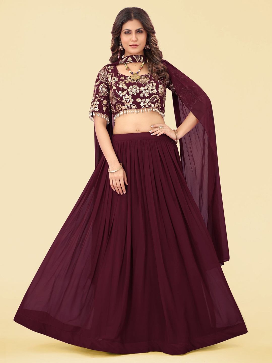 

KALINI Embroidered Sequinned Ready to Wear Lehenga & Blouse With Dupatta, Burgundy
