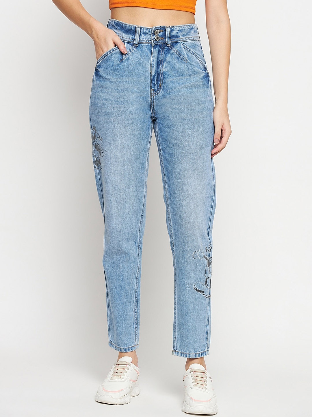 

Madame Women Mid Rise Heavy Fade Mickey & Minnie Printed Clean Look Cotton Cropped Jeans, Blue