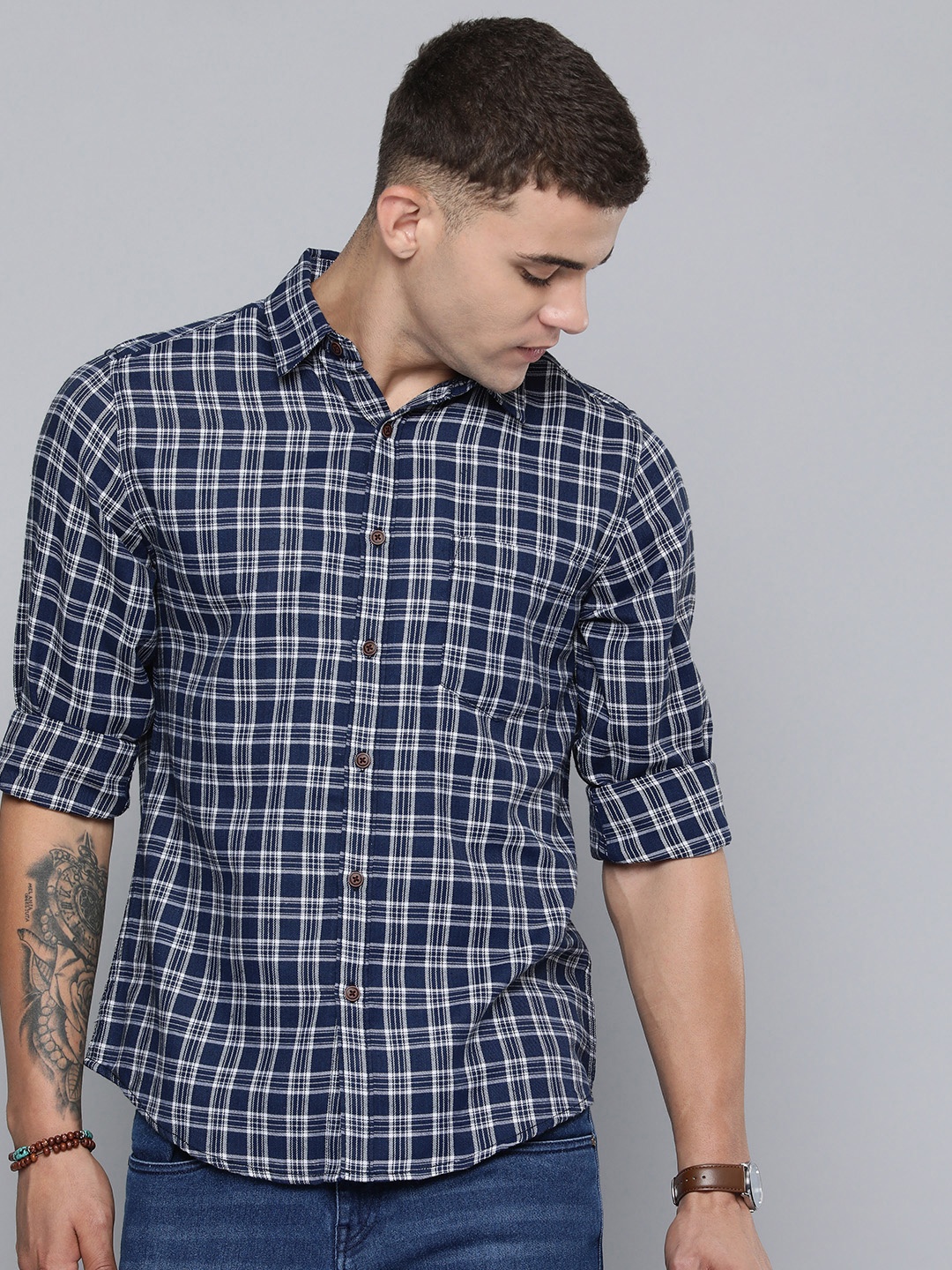 

R.Code by The Roadster Life Co. Tartan Checks Spread Collar Casual Shirt, Navy blue