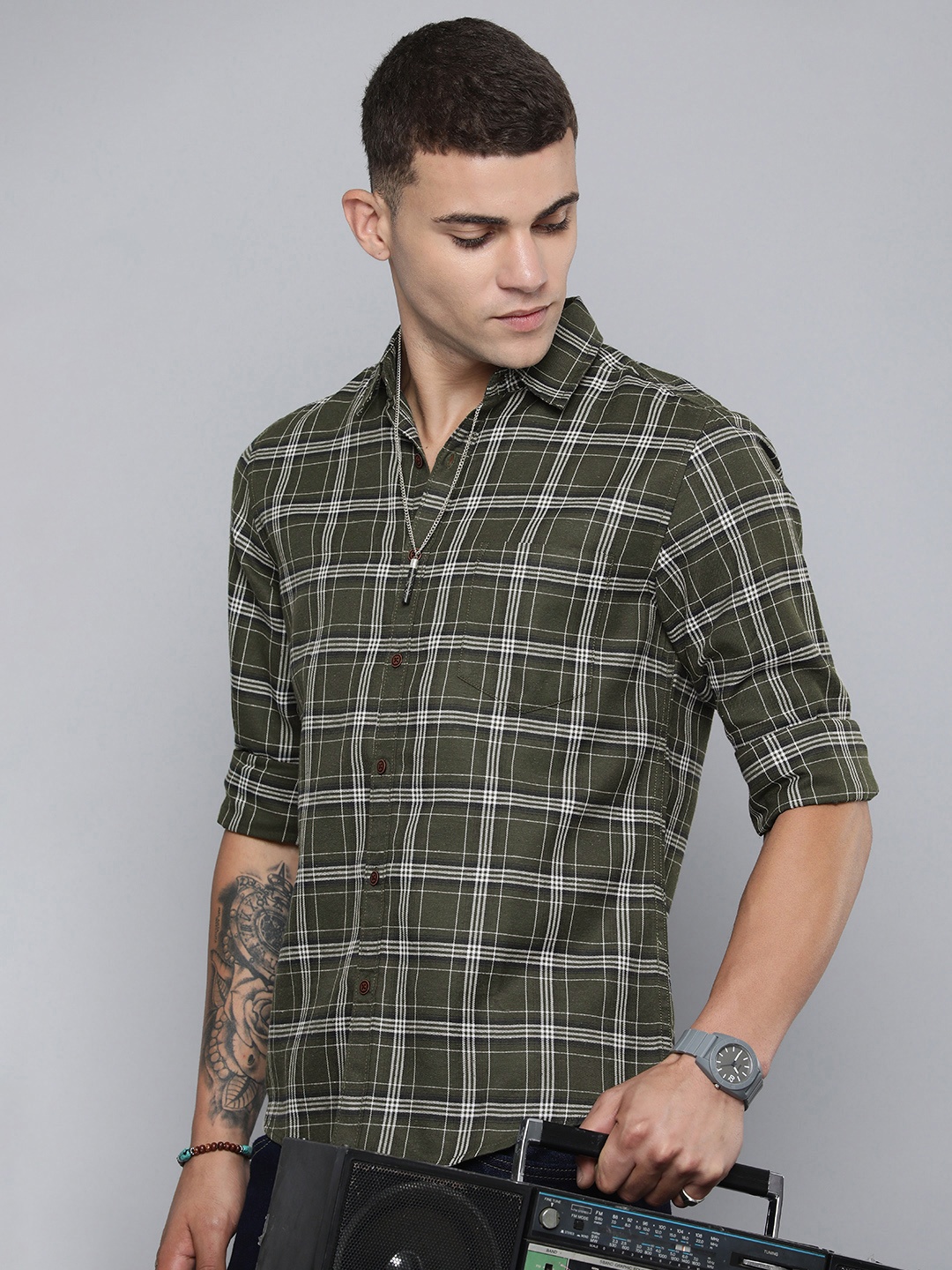 

R.Code by The Roadster Life Co. Tartan Checks Spread Collar Casual Shirt, Olive