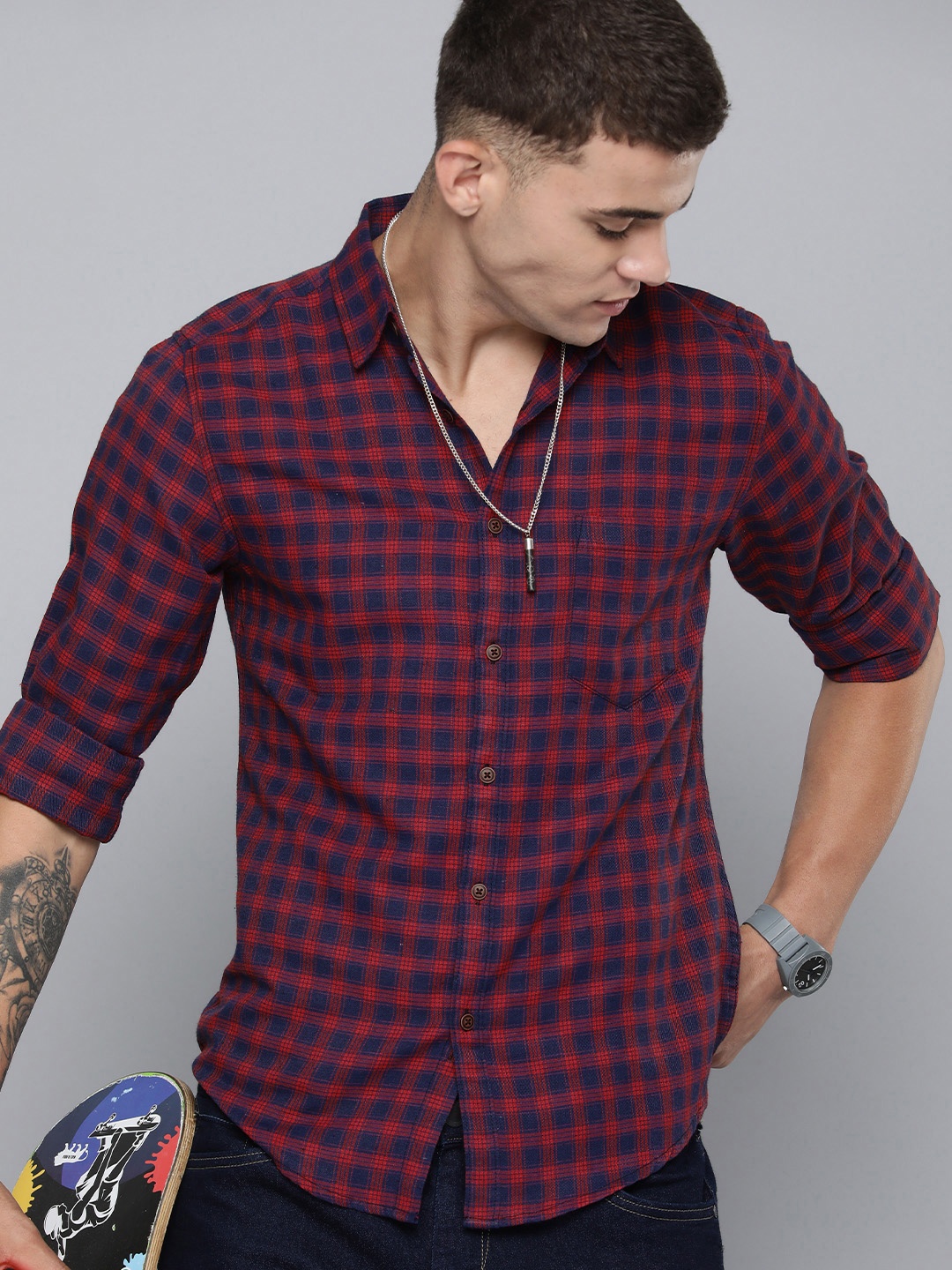 

R.Code by The Roadster Life Co. Tartan Checks Spread Collar Casual Shirt, Navy blue