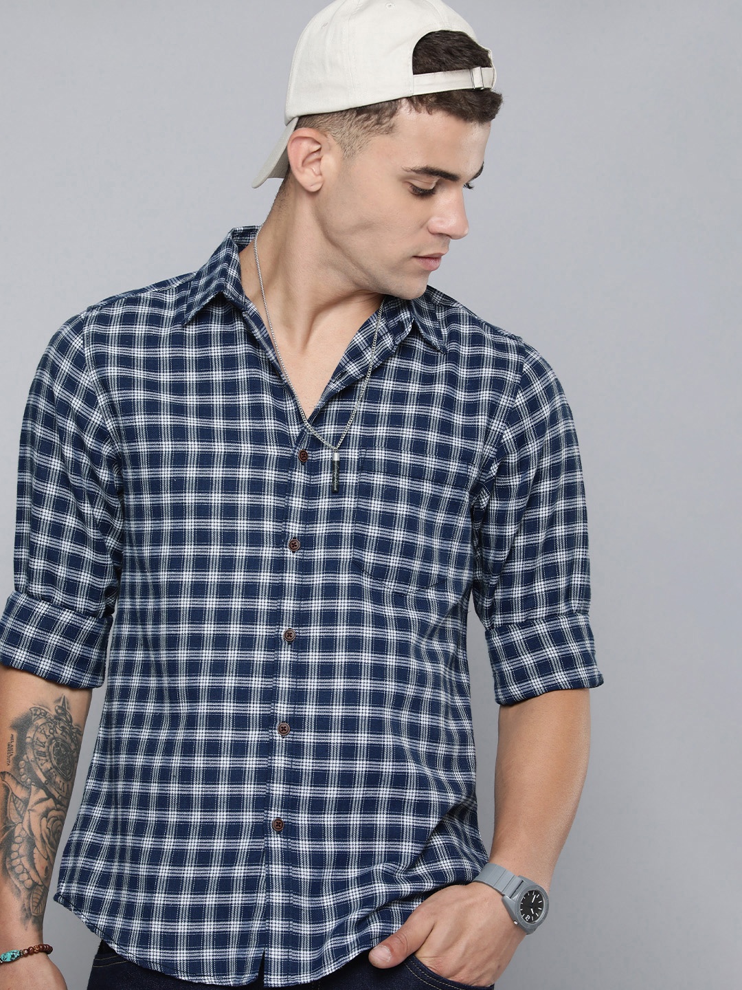 

R.Code by The Roadster Life Co. Tartan Checks Spread Collar Casual Shirt, Navy blue