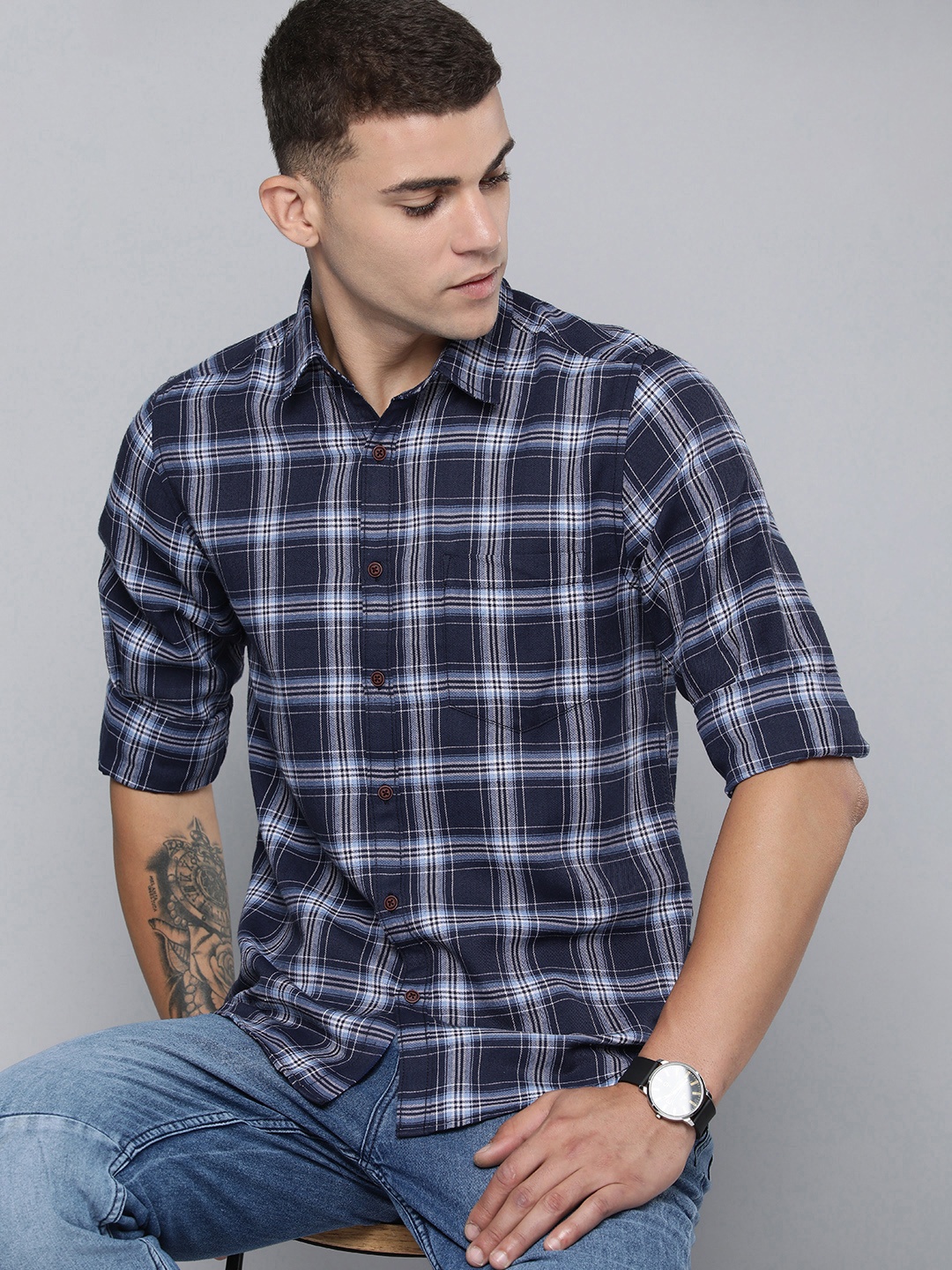 

R.Code by The Roadster Life Co. Tartan Checks Spread Collar Casual Shirt, Navy blue