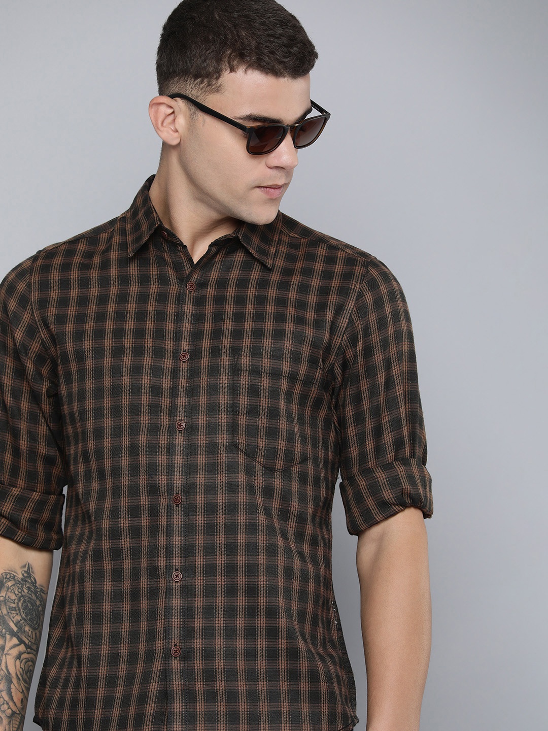 

R.Code by The Roadster Life Co. Tartan Checks Spread Collar Casual Shirt, Brown