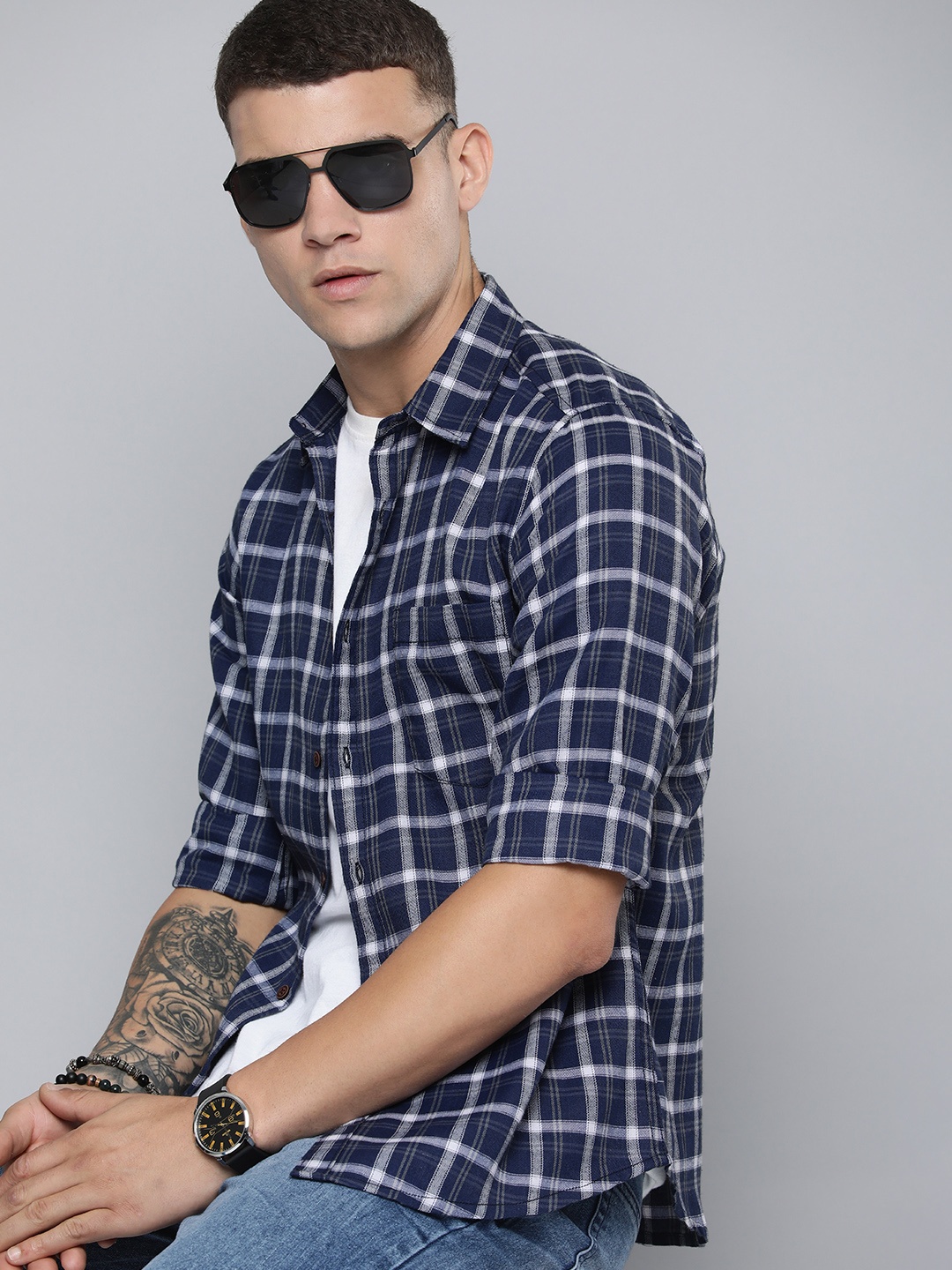 

R.Code by The Roadster Life Co. Checked Casual Shirt, Navy blue