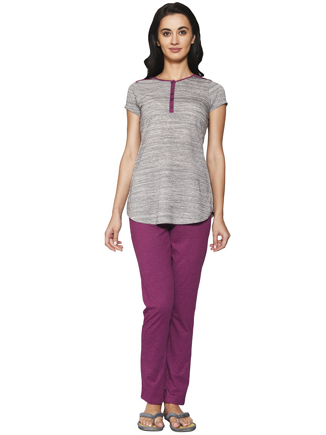 

Sweet Dreams Women Grey & Purple Solid Night Suit 225018