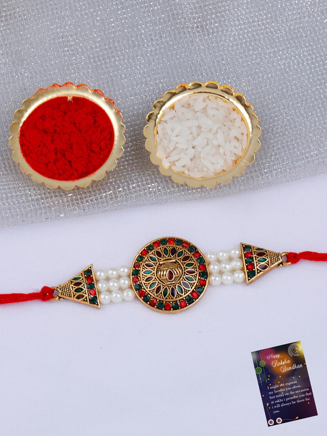 

Silver Shine Pack of 2 Rakhi With Pooja Thali, Red
