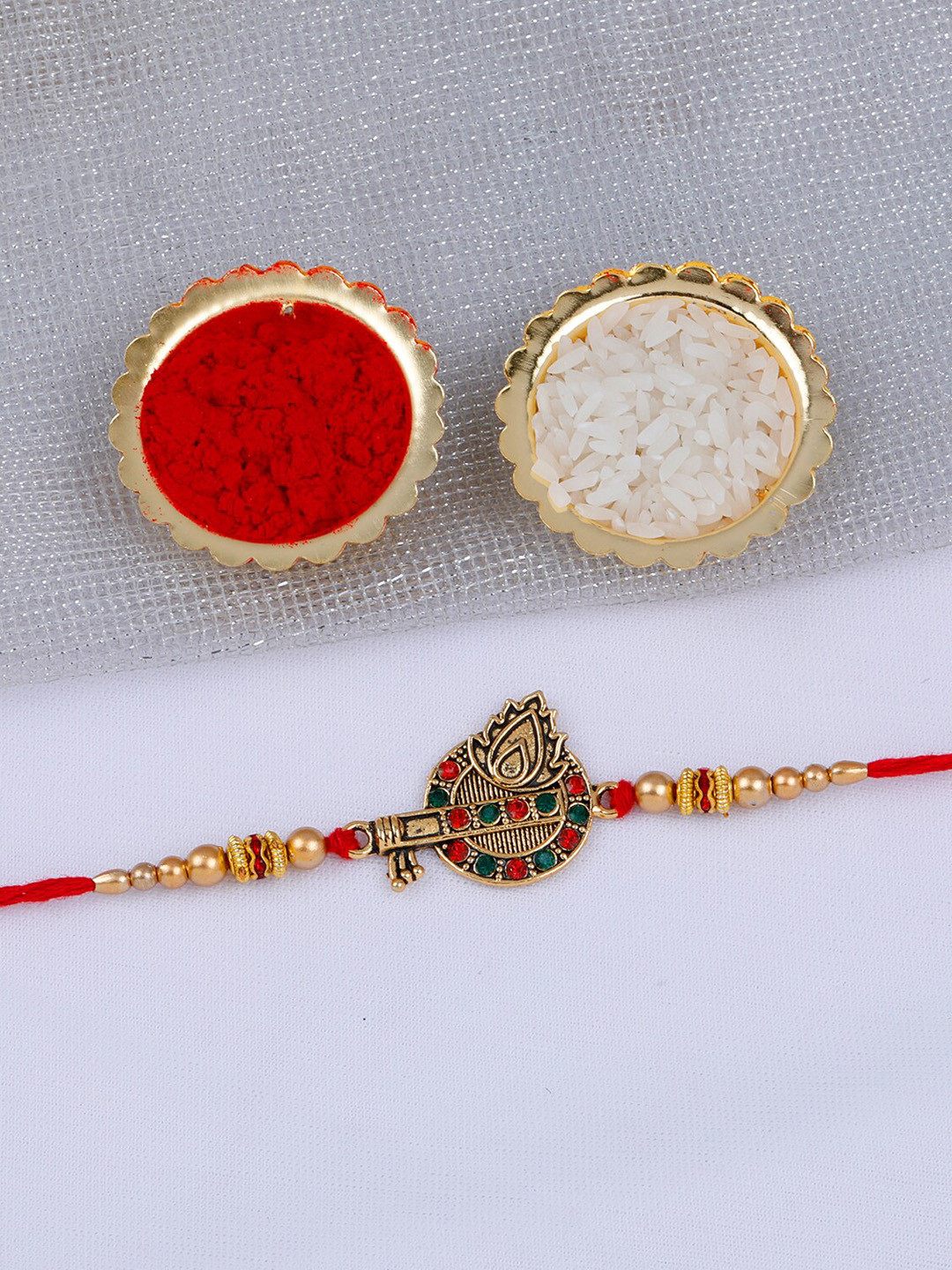 

Silver Shine Unisex Pack of 2 Rakhi With Pooja Thali, Gold