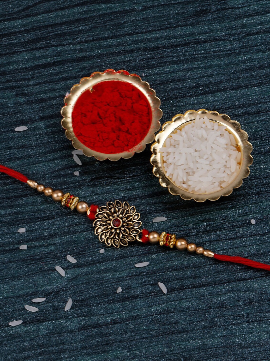 

Silver Shine Unisex Pack of 2 Rakhi With Pooja Thali, Gold