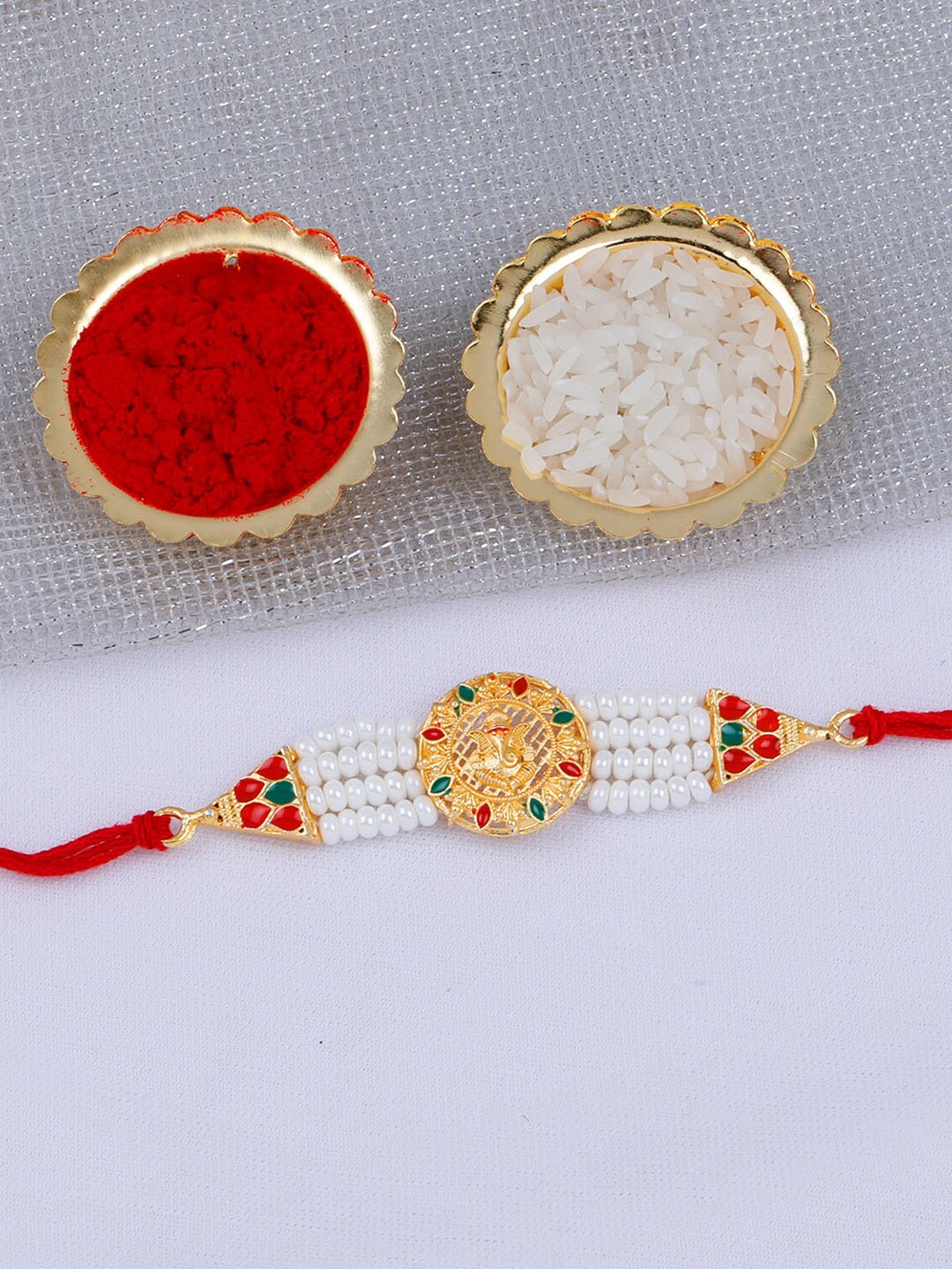 

Silver Shine Set of 2 Bhaiya Bhabhi Rakhi With Roli Chawal Greeting Card Pooja Thali, White