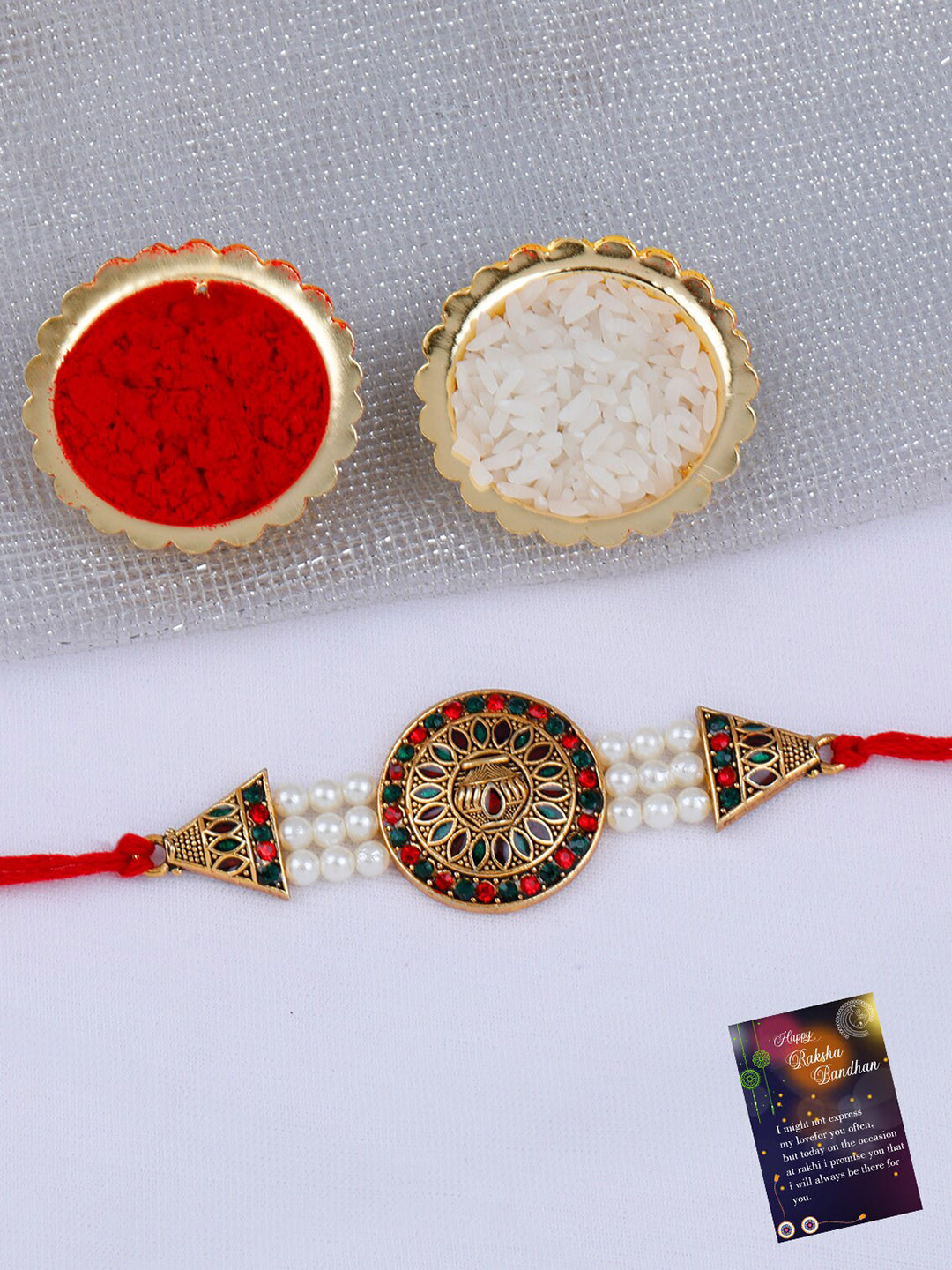 

Silver Shine Set Of 3 Rakhi With Roli Chawal Greeting Card Pooja Thali, Red