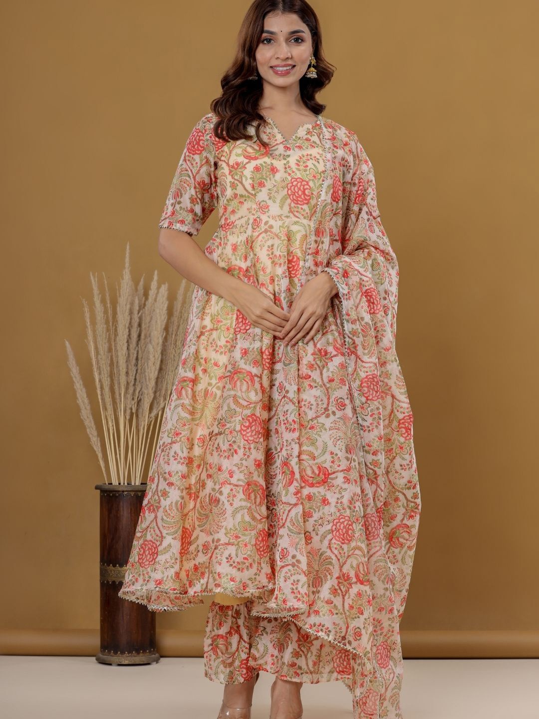 

HOUSE OF JAMOTI Women Ethnic Motifs Printed Anarkali Kurta with Palazzos & Dupatta, Beige