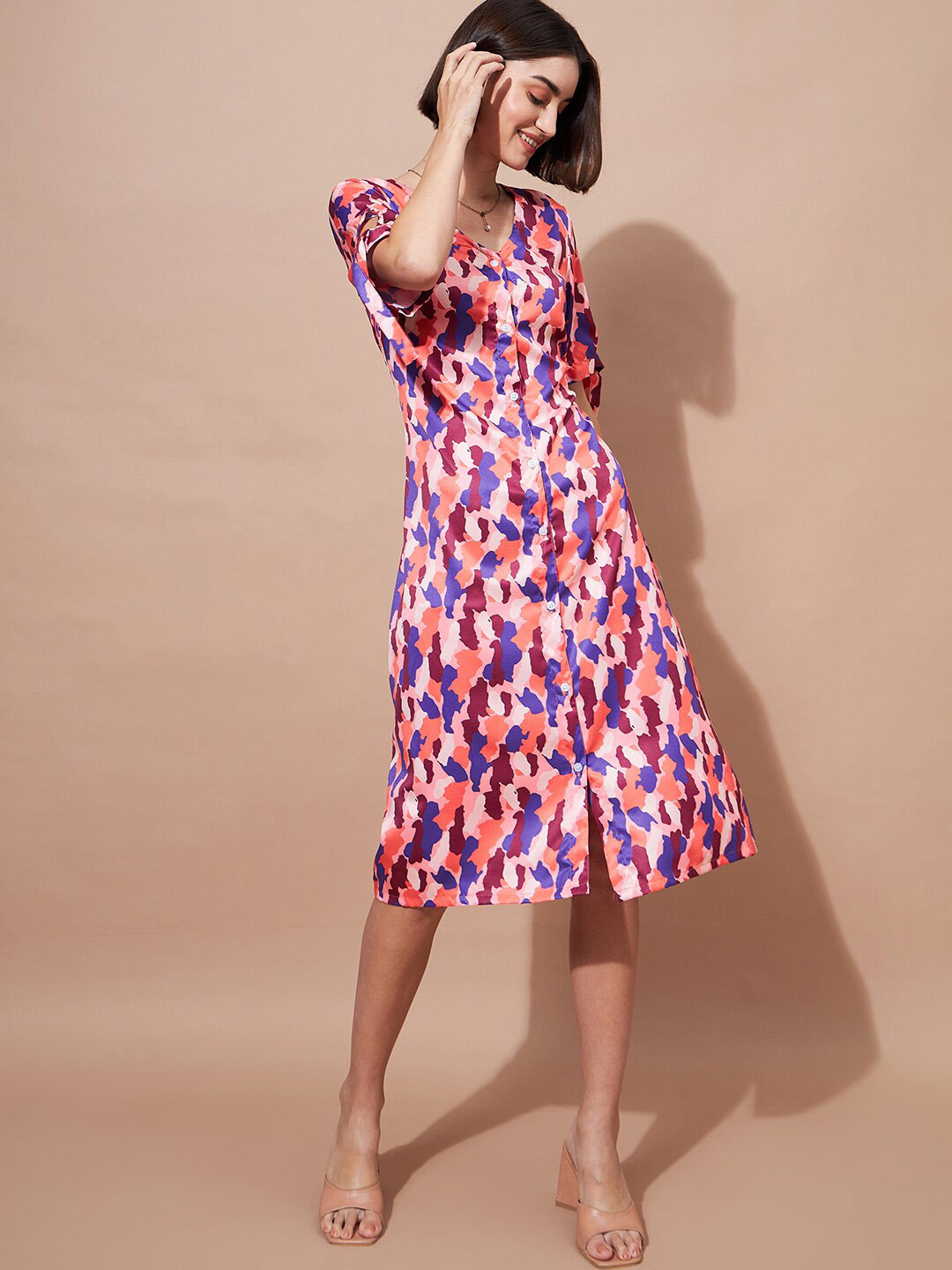 

DressBerry Abstract Printed Slit Sleeves A-Line Dress, Peach