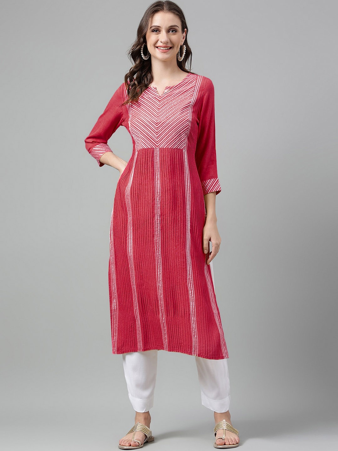 

Neemiya Striped Round Neck Thread Work Detailed Straight Kurta, Maroon