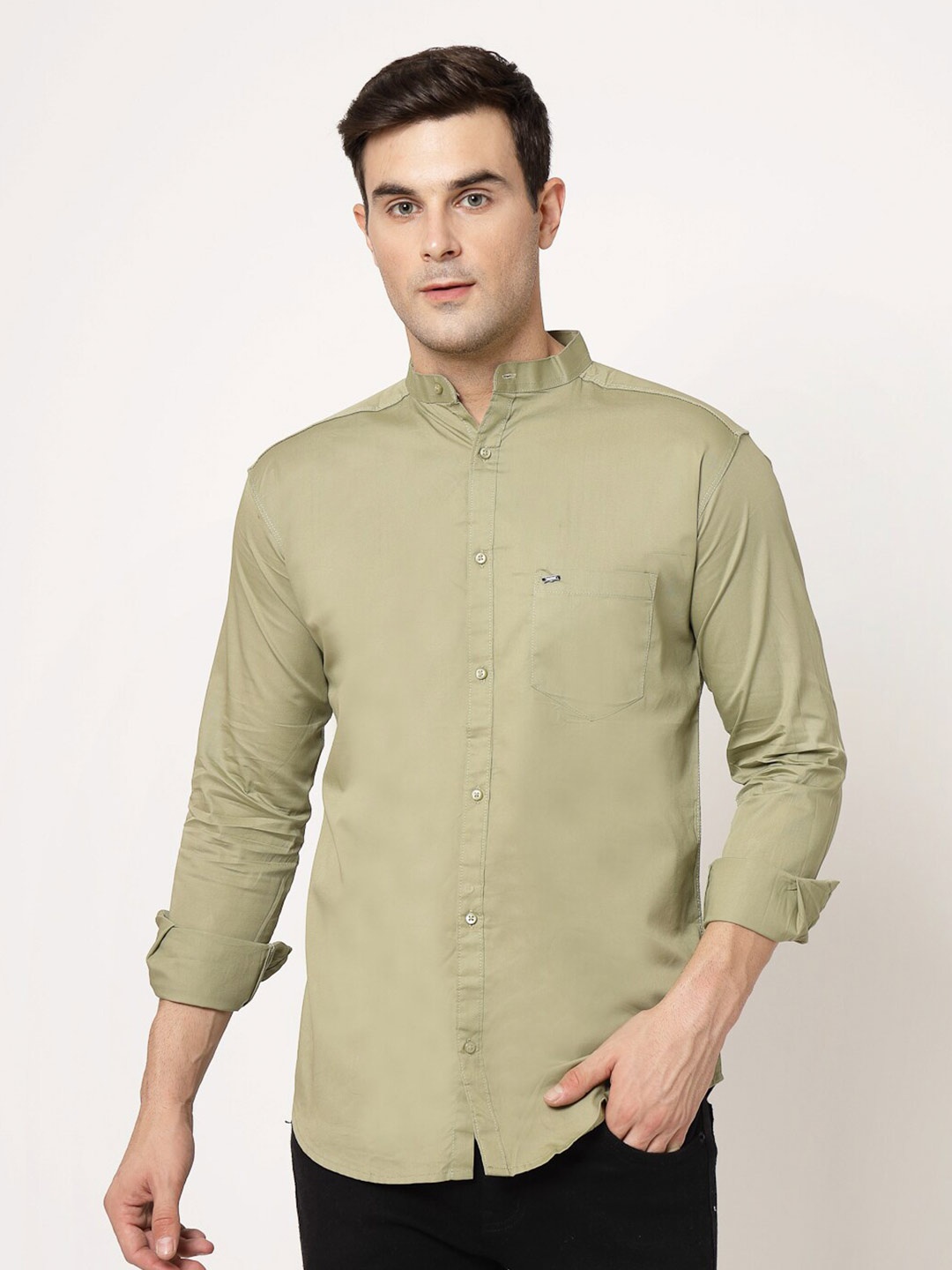 

ADWYN PETER New Mandarin Collar Cotton Casual Shirt, Green