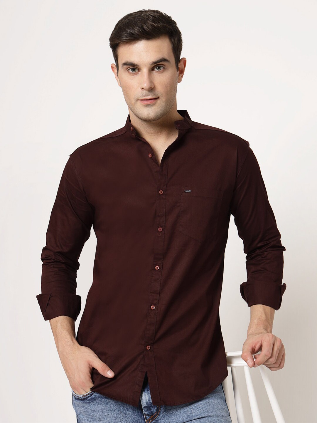 

ADWYN PETER New Mandarin Collar Cotton Casual Shirt, Maroon