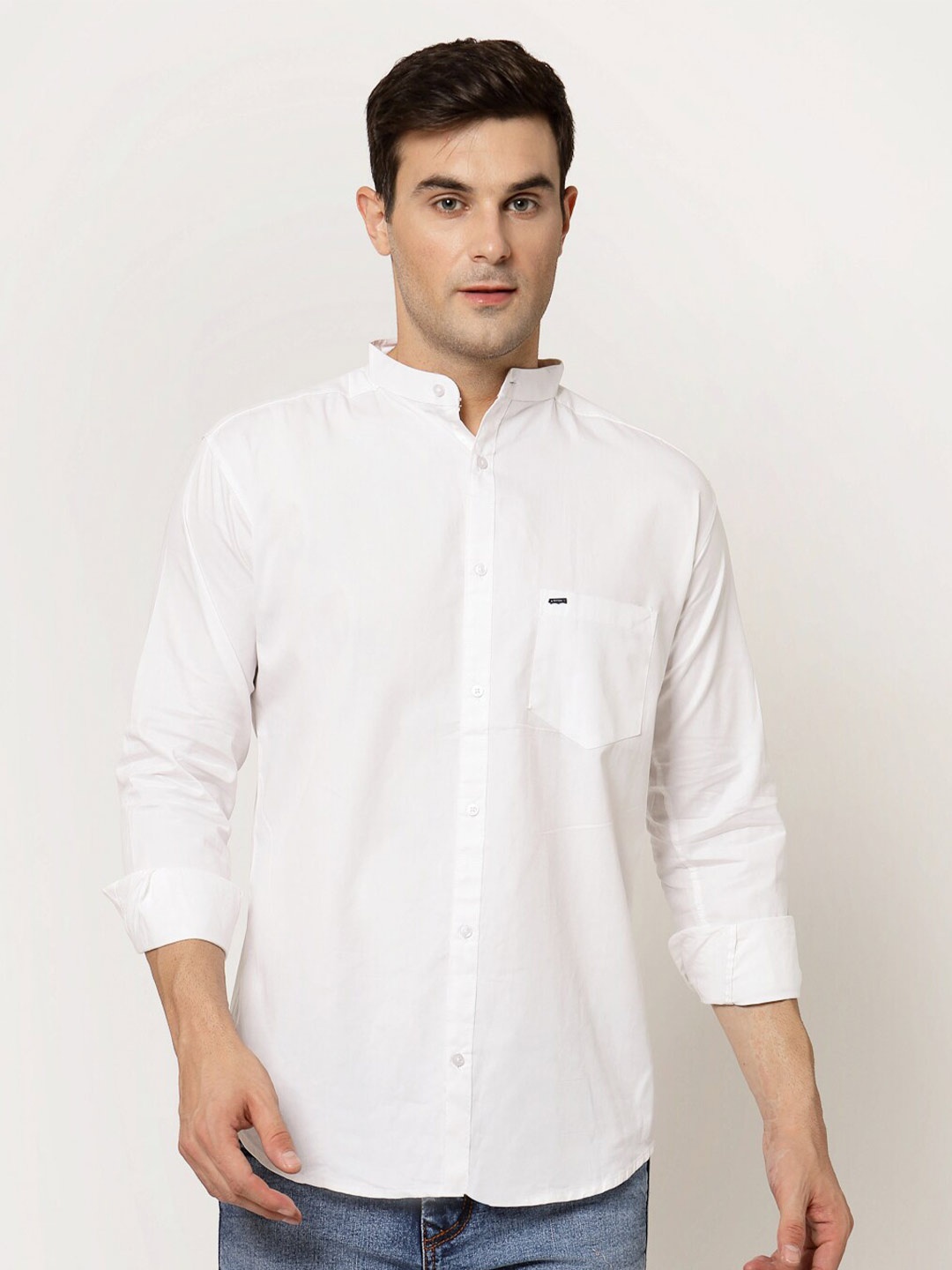 

ADWYN PETER New Band Collar Cotton Casual Shirt, White
